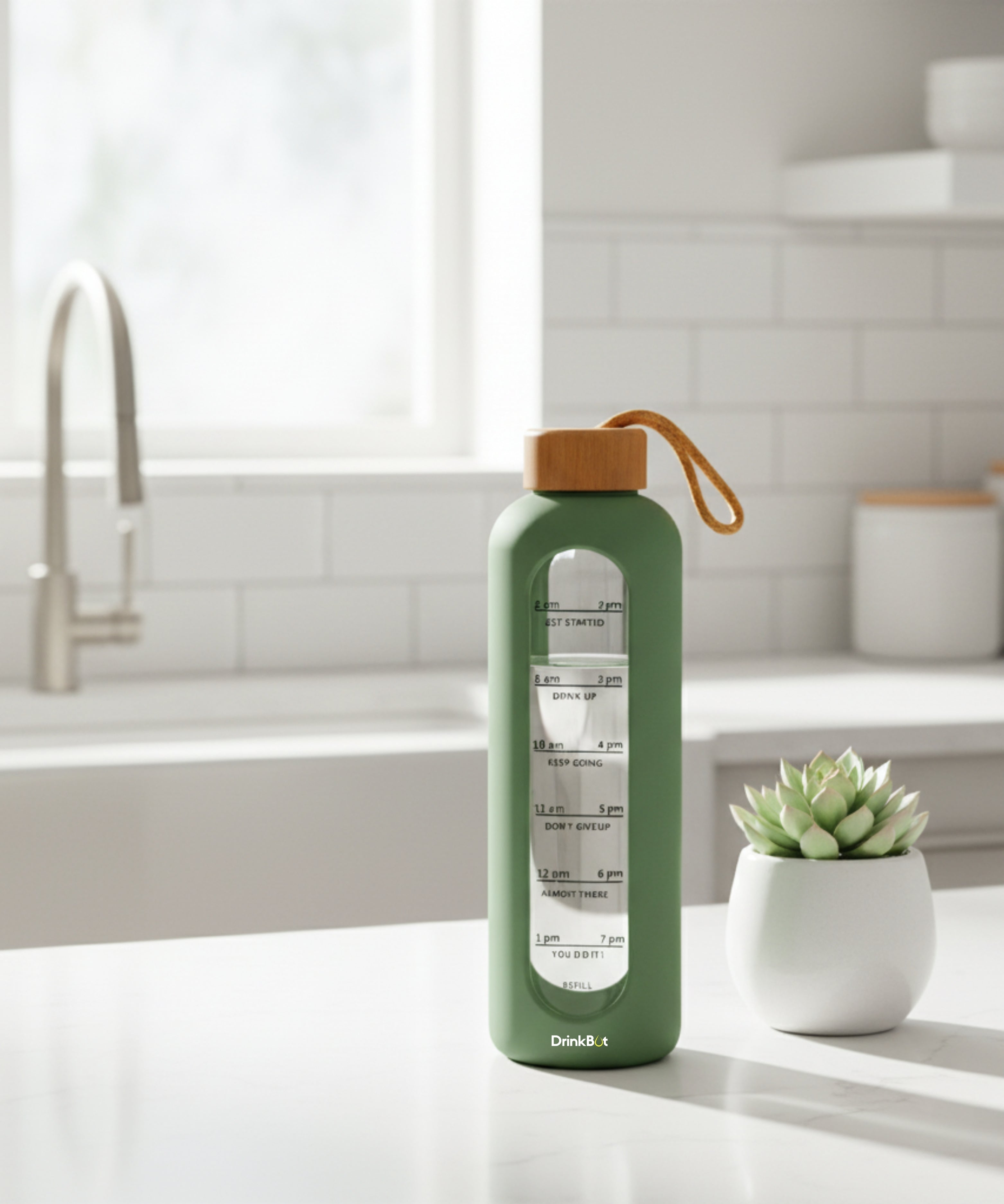 Drinkbot Flare – Borosilicate Glass Water Bottle with Time Marker & Motivational Quotes | Leak-Proof, BPA-Free, Reusable Bottle with Non-Slip Silicone Sleeve & Bamboo Lid