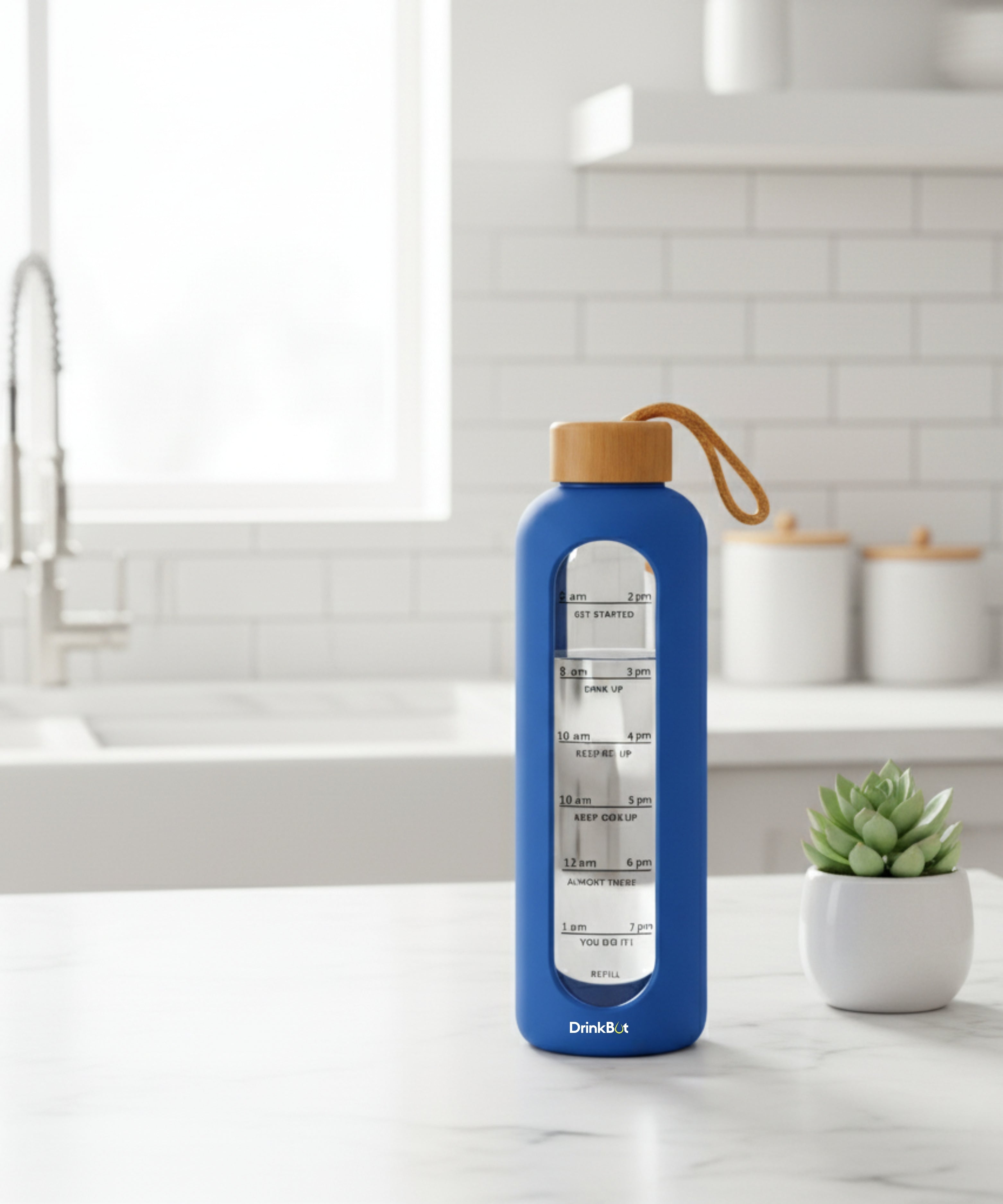 Drinkbot Flare – Borosilicate Glass Water Bottle with Time Marker & Motivational Quotes | Leak-Proof, BPA-Free, Reusable Bottle with Non-Slip Silicone Sleeve & Bamboo Lid