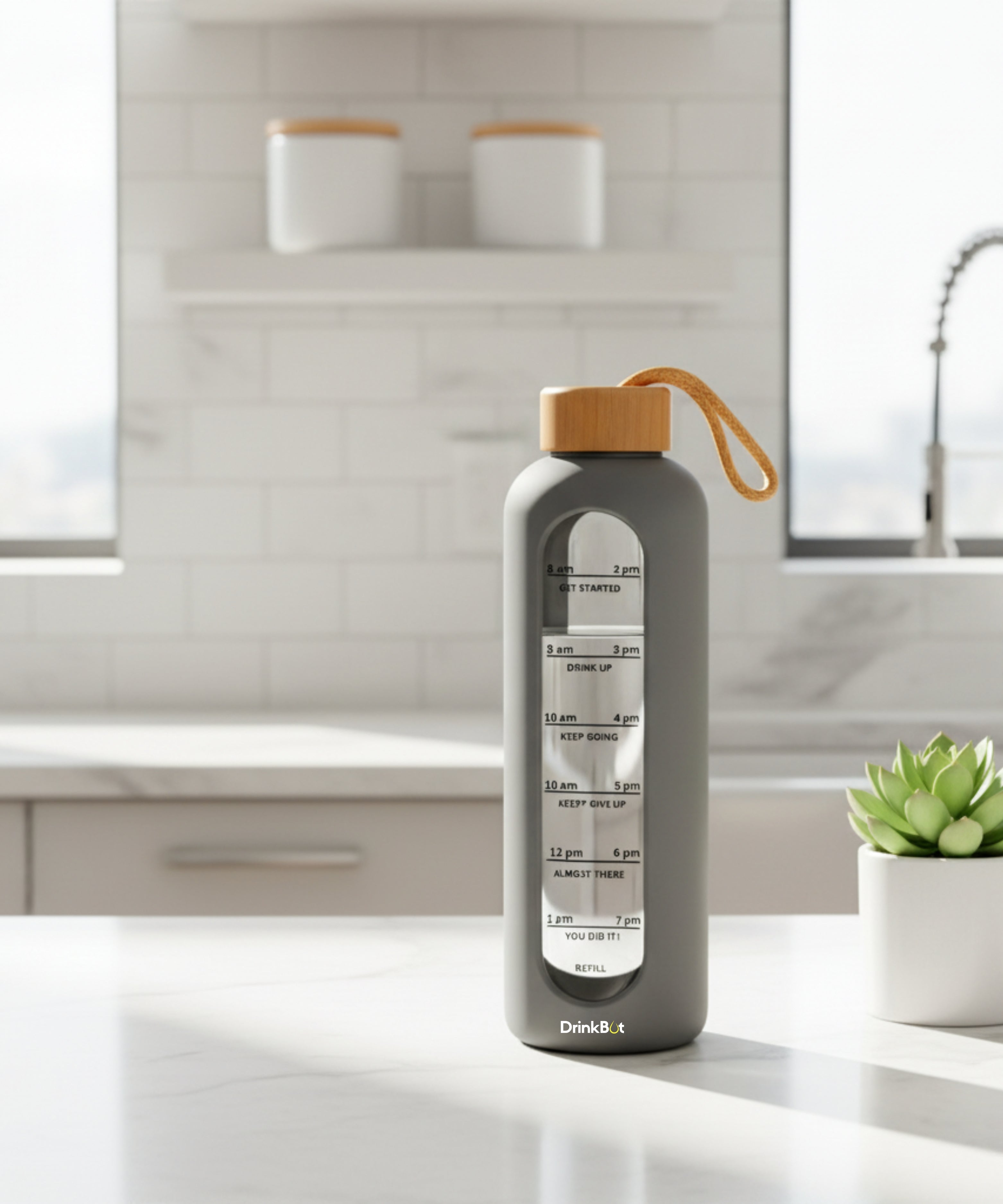 Drinkbot Flare – Borosilicate Glass Water Bottle with Time Marker & Motivational Quotes | Leak-Proof, BPA-Free, Reusable Bottle with Non-Slip Silicone Sleeve & Bamboo Lid