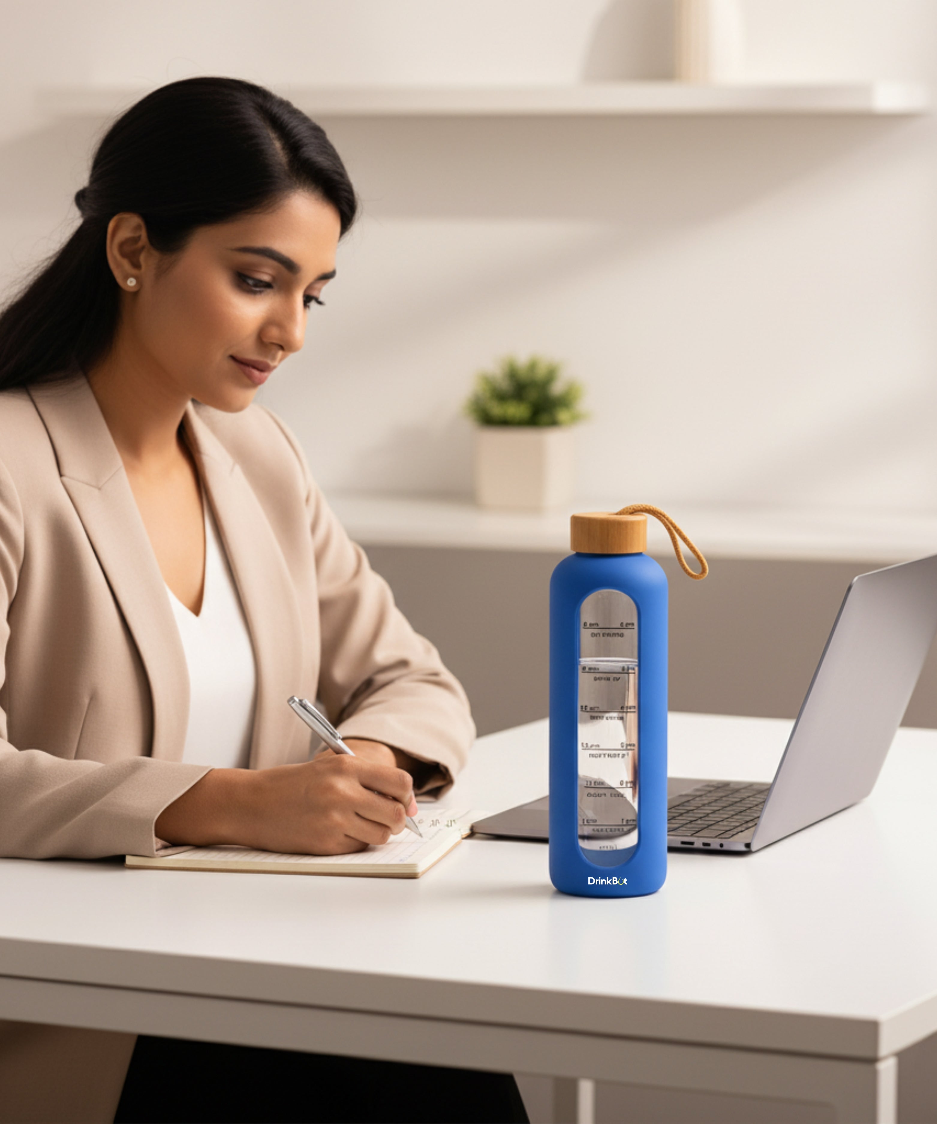 Drinkbot Flare – Borosilicate Glass Water Bottle with Time Marker & Motivational Quotes | Leak-Proof, BPA-Free, Reusable Bottle with Non-Slip Silicone Sleeve & Bamboo Lid