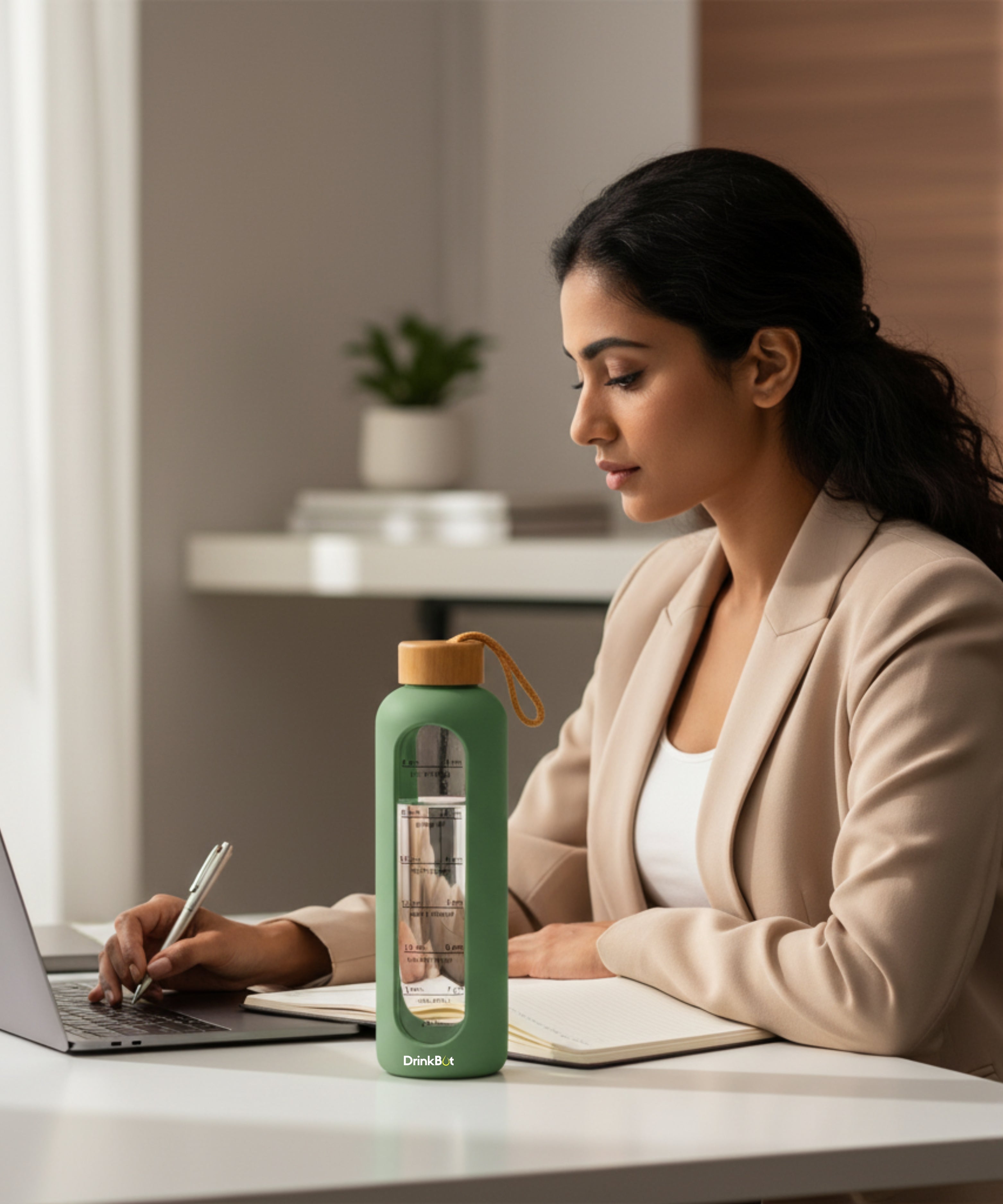 Drinkbot Flare – Borosilicate Glass Water Bottle with Time Marker & Motivational Quotes | Leak-Proof, BPA-Free, Reusable Bottle with Non-Slip Silicone Sleeve & Bamboo Lid