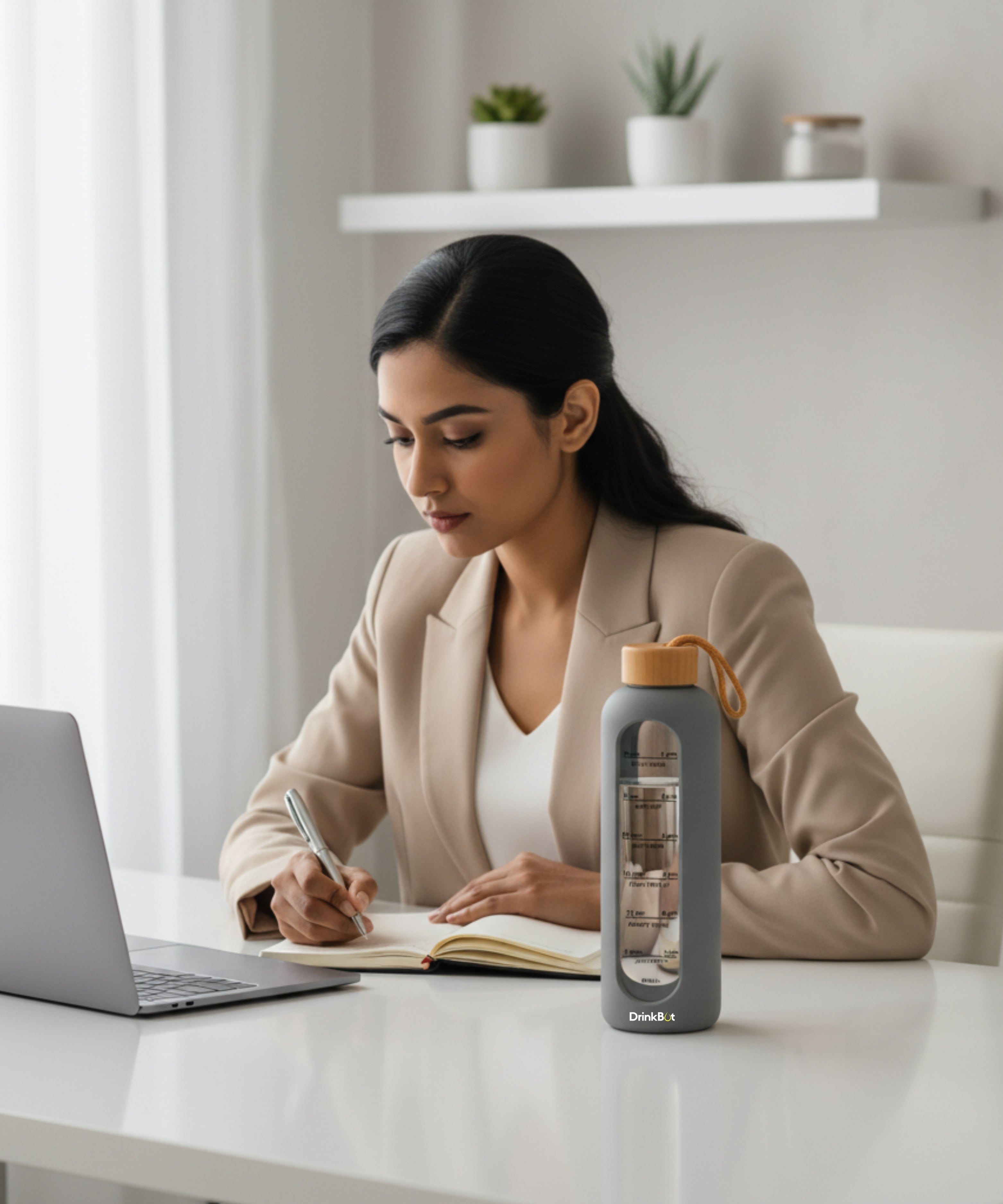 Drinkbot Flare – Borosilicate Glass Water Bottle with Time Marker & Motivational Quotes | Leak-Proof, BPA-Free, Reusable Bottle with Non-Slip Silicone Sleeve & Bamboo Lid