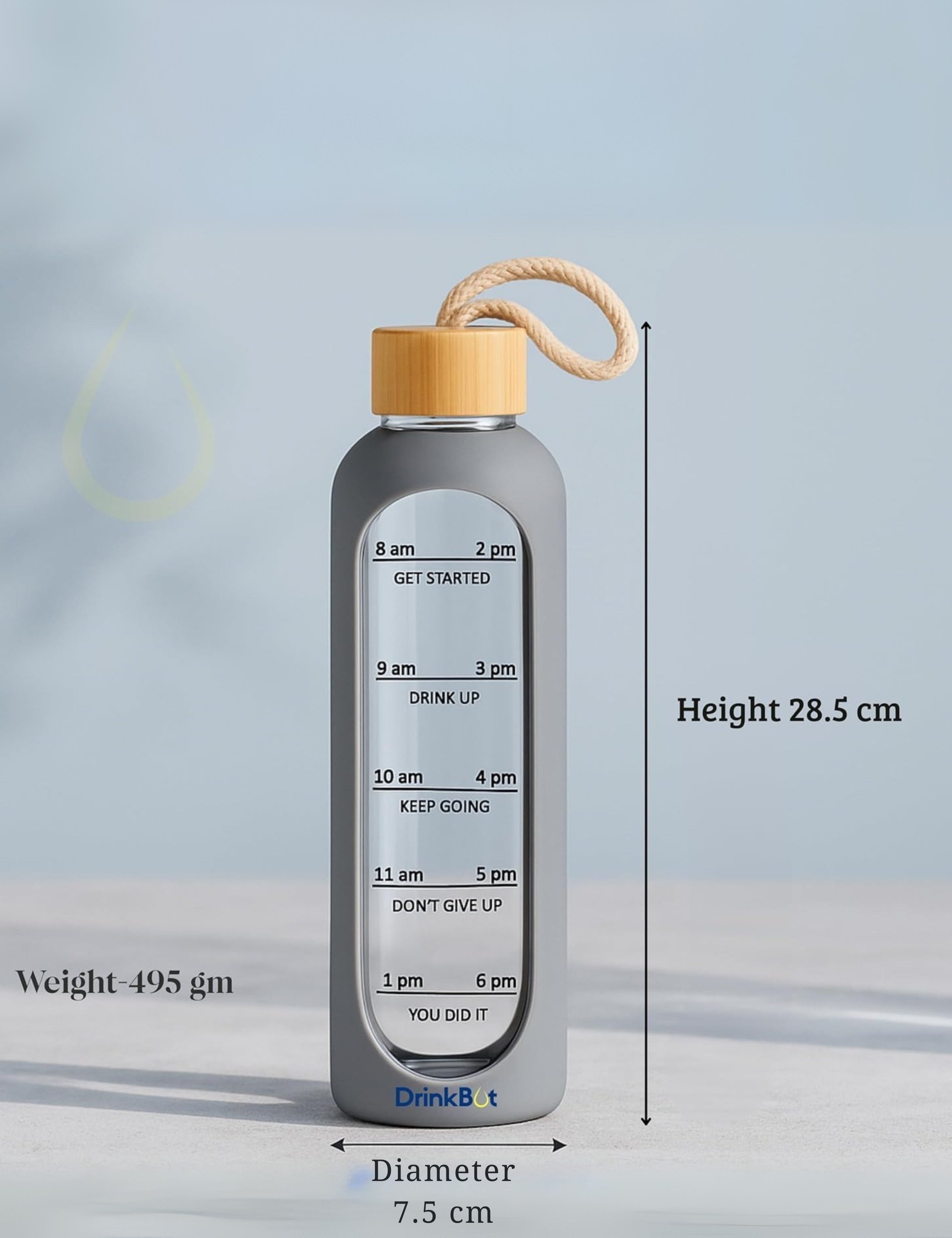 Drinkbot Flare – Borosilicate Glass Water Bottle with Time Marker & Motivational Quotes | Leak-Proof, BPA-Free, Reusable Bottle with Non-Slip Silicone Sleeve & Bamboo Lid