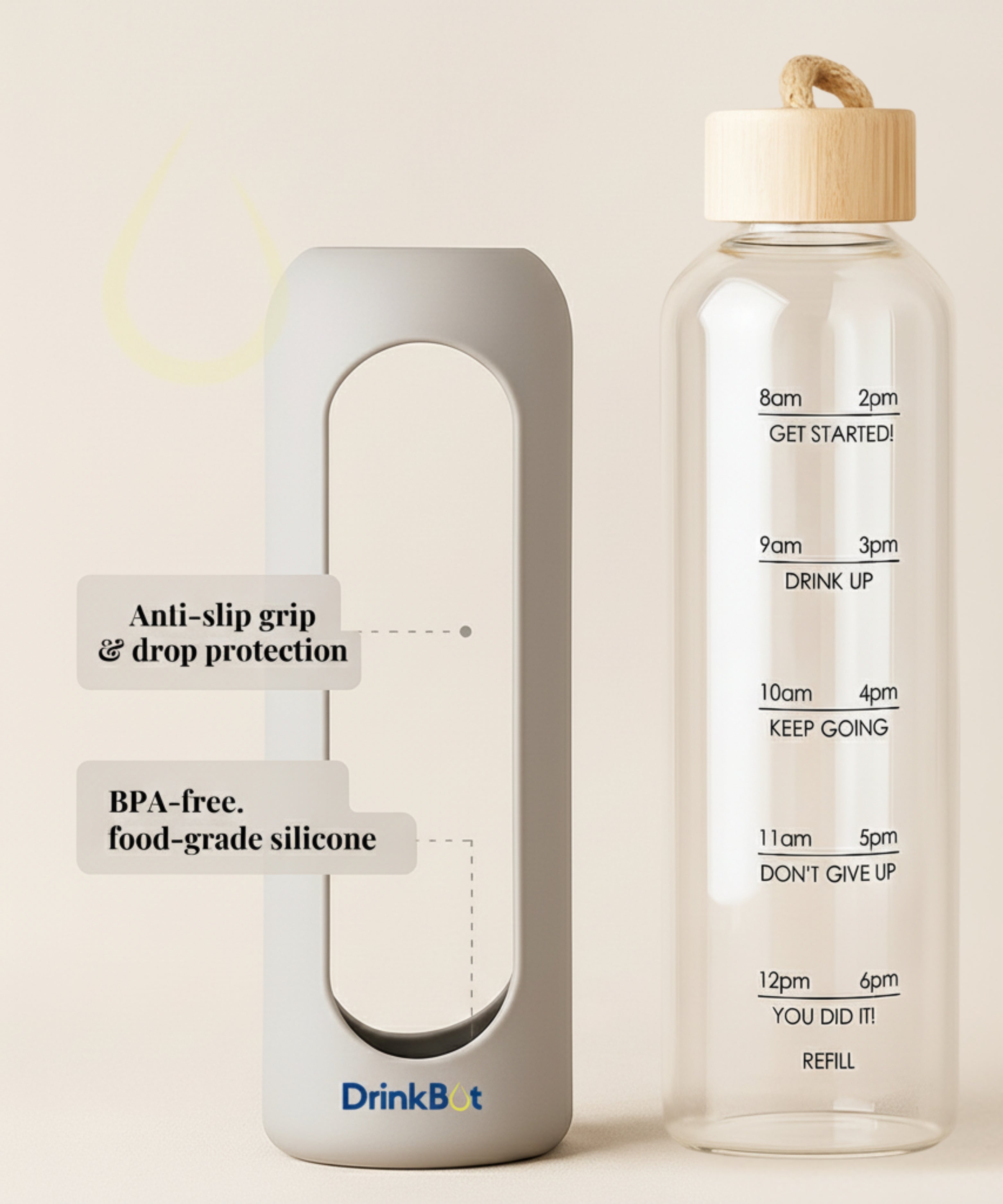 Drinkbot Flare – Borosilicate Glass Water Bottle with Time Marker & Motivational Quotes | Leak-Proof, BPA-Free, Reusable Bottle with Non-Slip Silicone Sleeve & Bamboo Lid