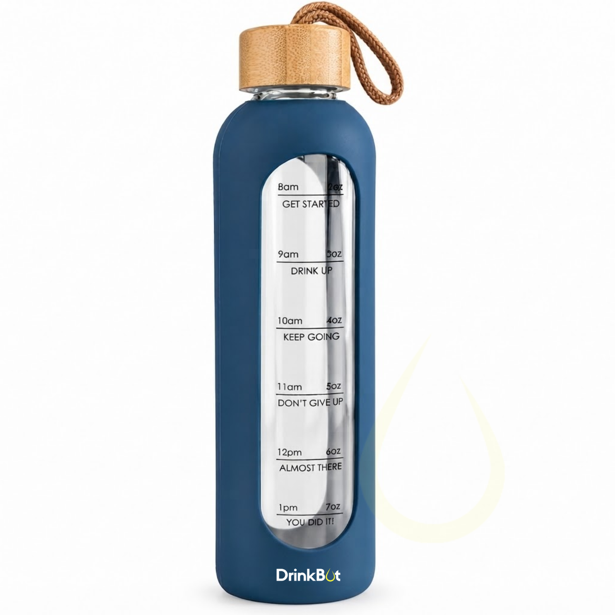 DrinkBot Flare Eco Glass Water Bottle — 1 Litre Borosilicate | Bamboo Lid & Jute Rope | Time Markers | Almost Zero Plastic