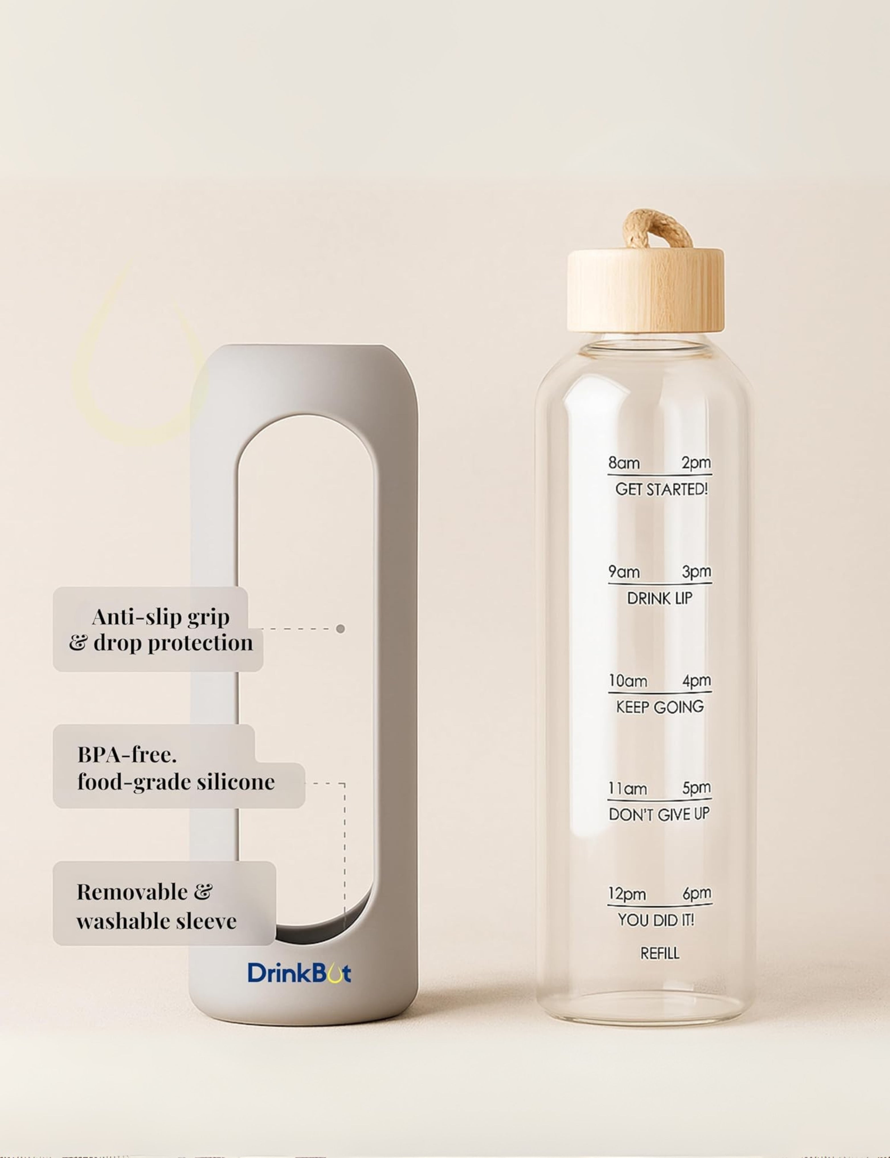 Drinkbot Flare – Borosilicate Glass Water Bottle with Time Marker & Motivational Quotes | Leak-Proof, BPA-Free, Reusable Bottle with Non-Slip Silicone Sleeve & Bamboo Lid