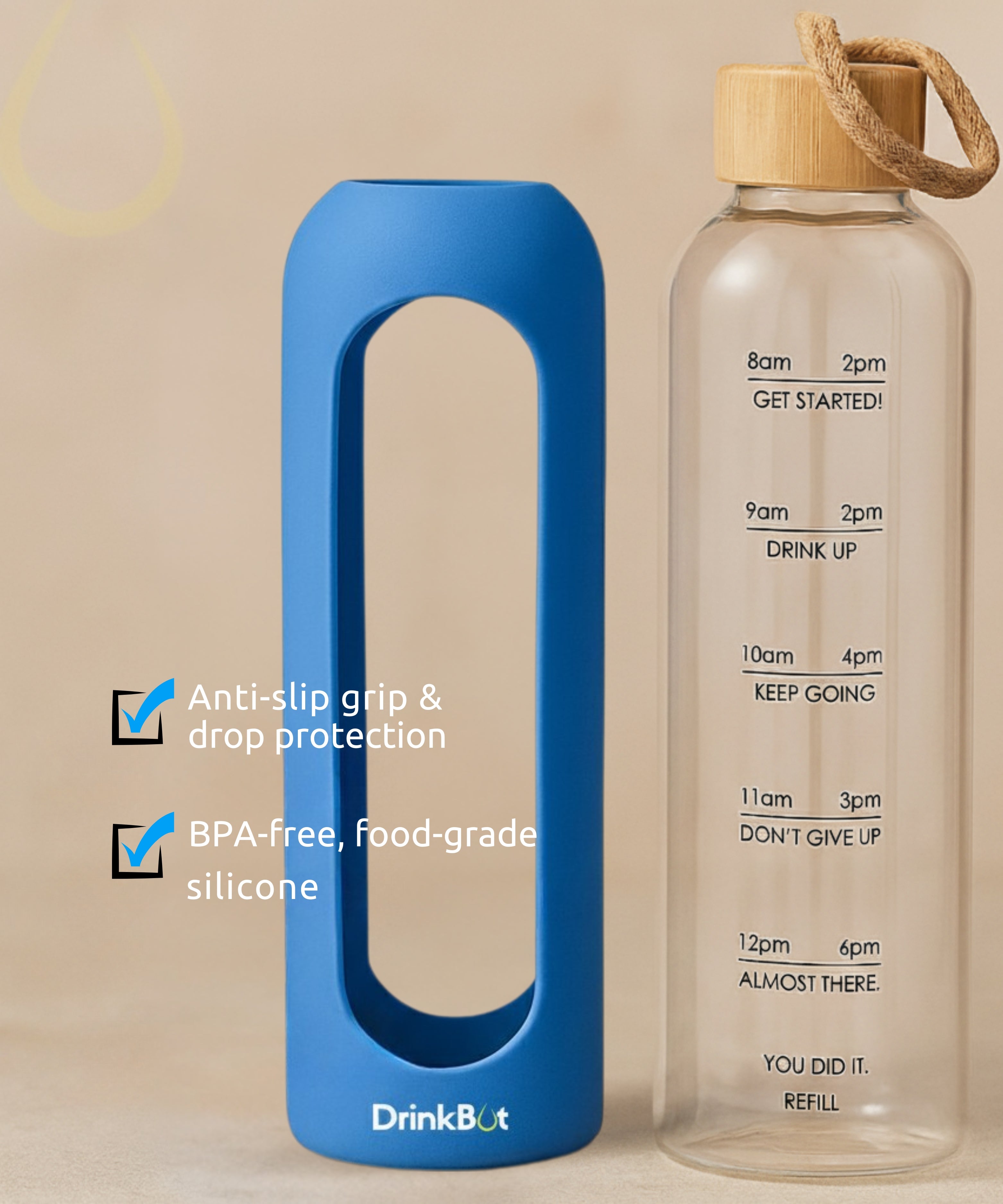 Drinkbot Flare – Borosilicate Glass Water Bottle with Time Marker & Motivational Quotes | Leak-Proof, BPA-Free, Reusable Bottle with Non-Slip Silicone Sleeve & Bamboo Lid