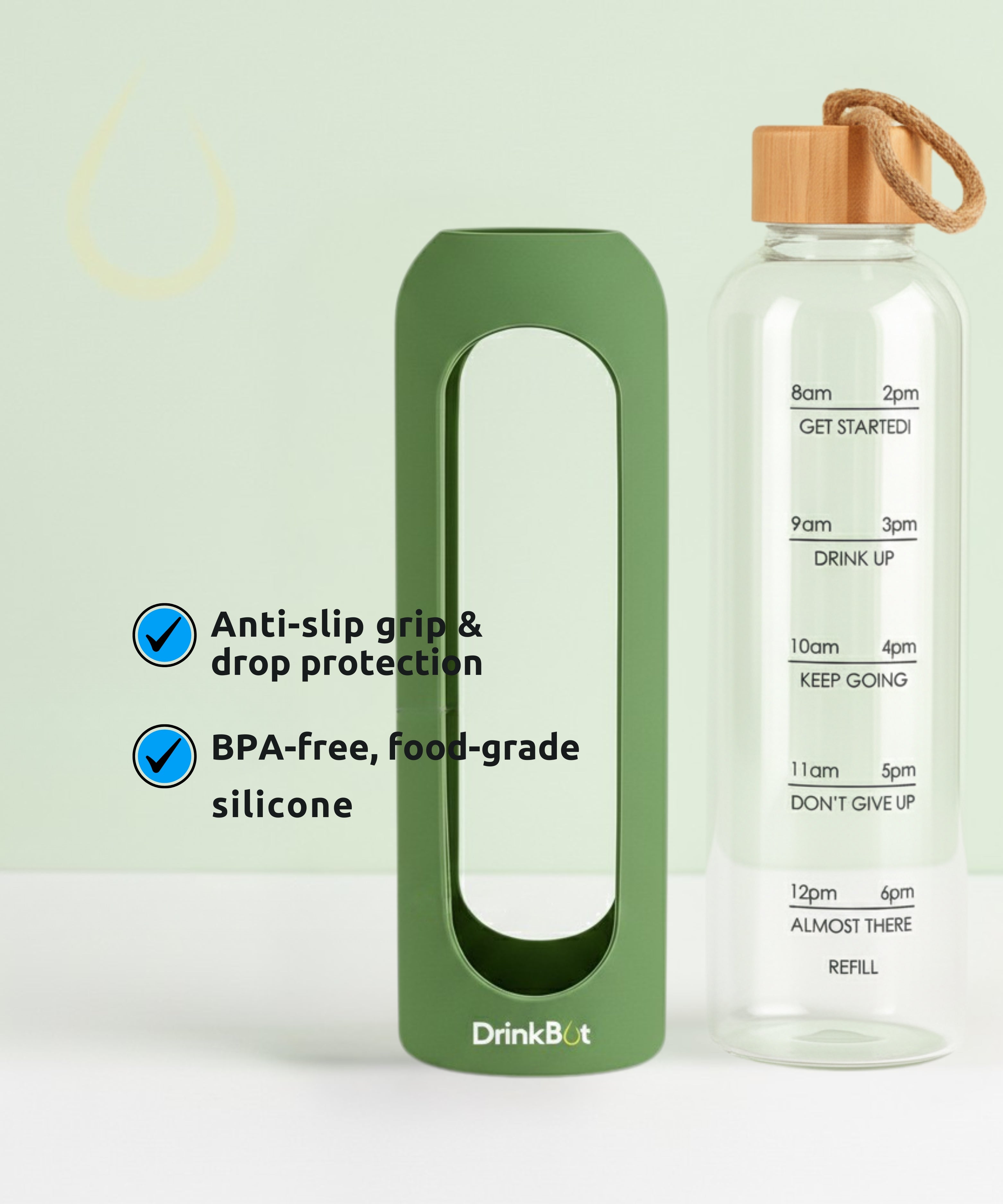 Drinkbot Flare – Borosilicate Glass Water Bottle with Time Marker & Motivational Quotes | Leak-Proof, BPA-Free, Reusable Bottle with Non-Slip Silicone Sleeve & Bamboo Lid