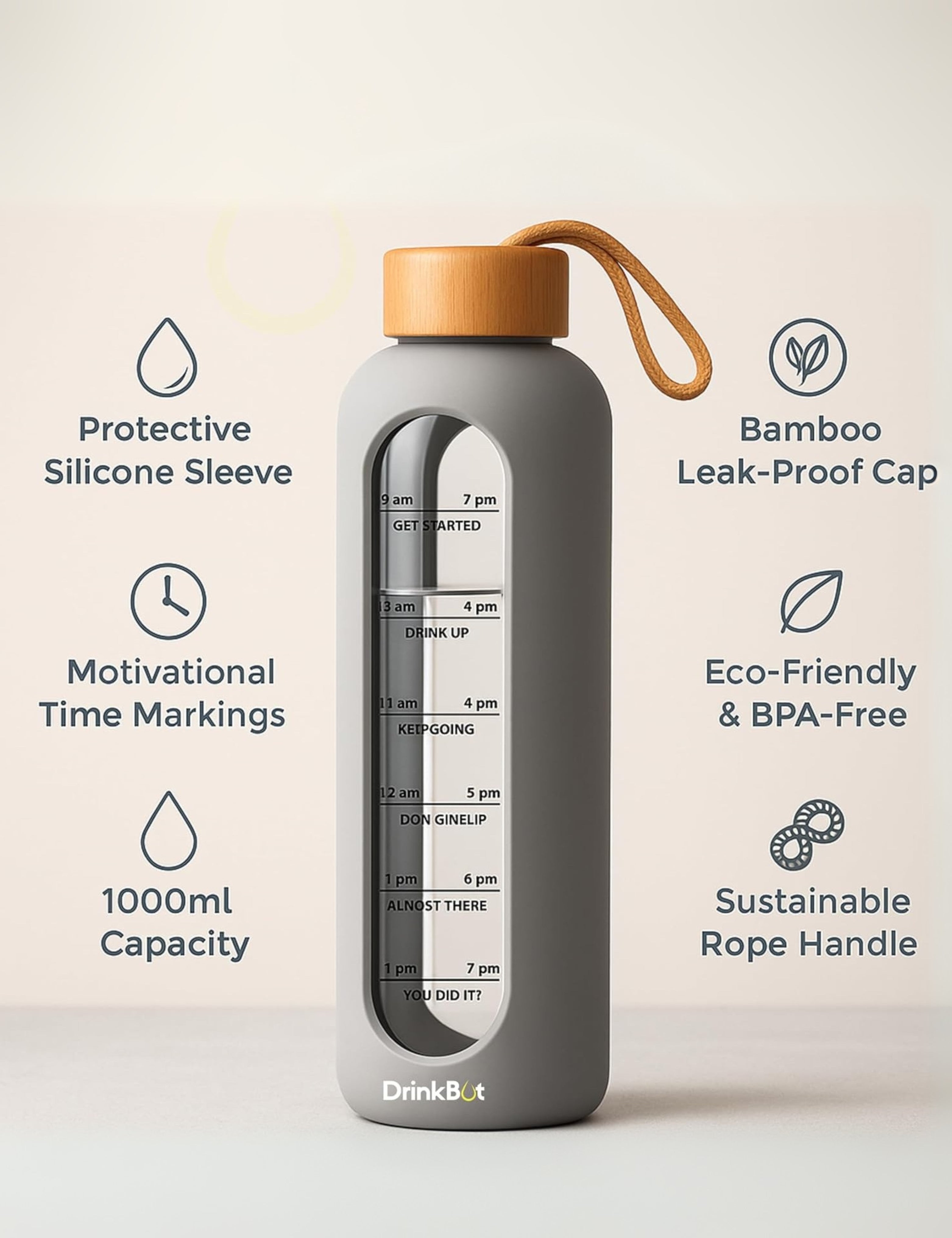 Drinkbot Flare – Borosilicate Glass Water Bottle with Time Marker & Motivational Quotes | Leak-Proof, BPA-Free, Reusable Bottle with Non-Slip Silicone Sleeve & Bamboo Lid