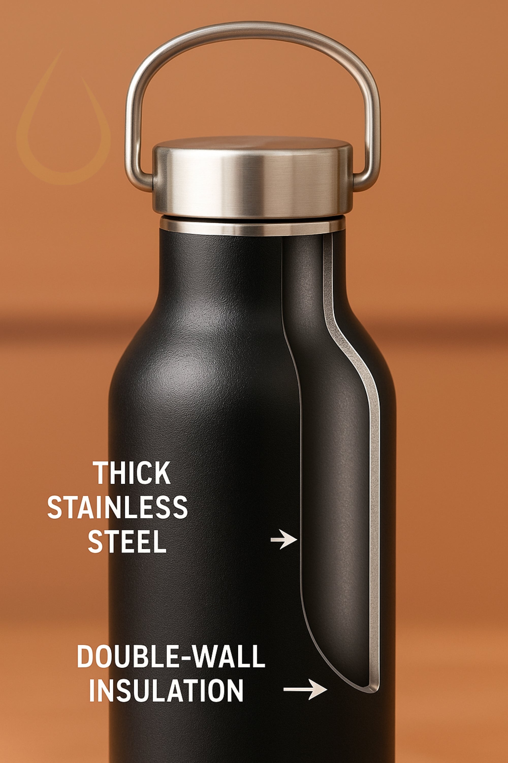 Drinkbot Orion | Stainless Steel Water Bottle with Carry Handle (500 ml) Double Wall Vacuum Insulated Flask for Hot and Cold Beverages