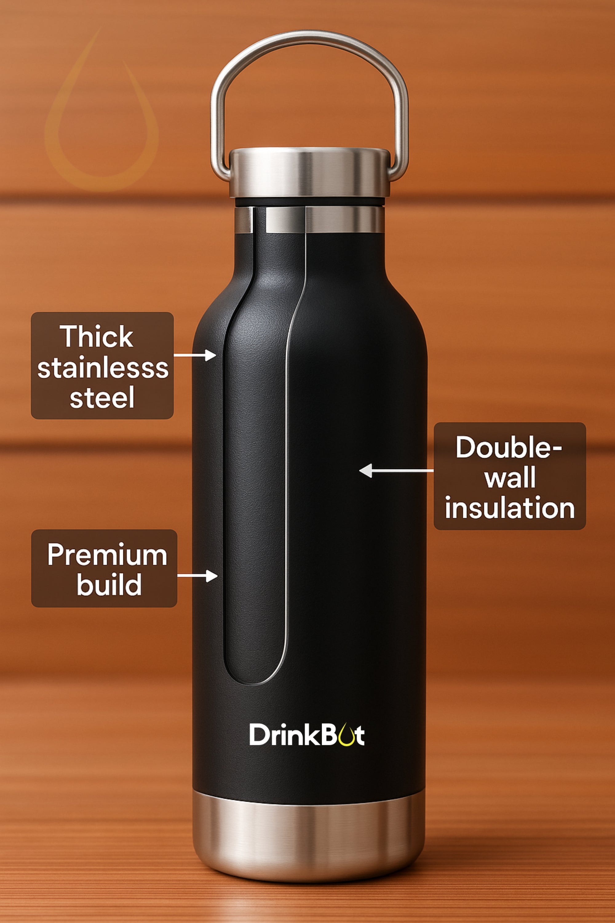 Drinkbot Orion | Stainless Steel Water Bottle with Carry Handle (500 ml) Double Wall Vacuum Insulated Flask for Hot and Cold Beverages
