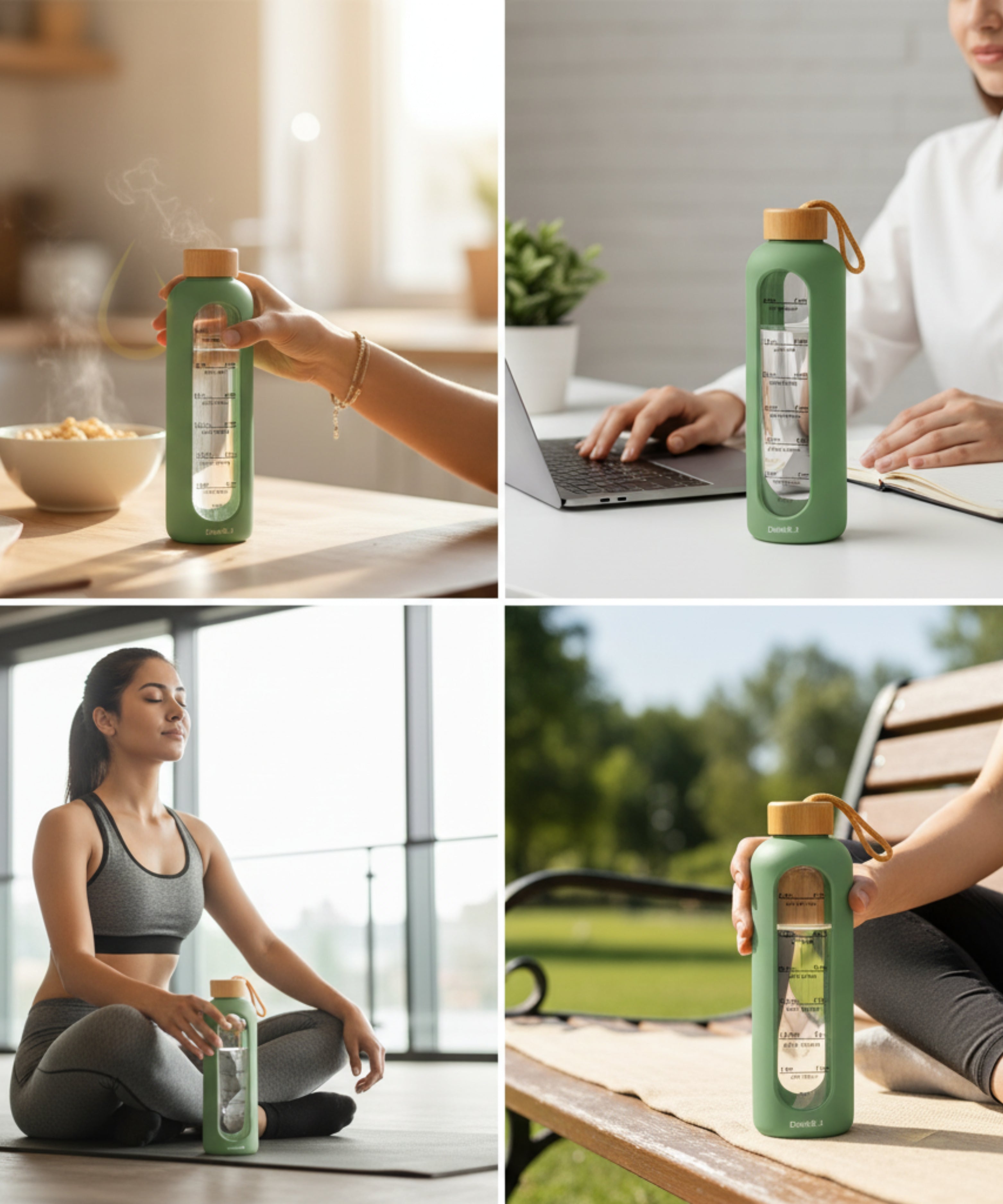 Drinkbot Flare – Borosilicate Glass Water Bottle with Time Marker & Motivational Quotes | Leak-Proof, BPA-Free, Reusable Bottle with Non-Slip Silicone Sleeve & Bamboo Lid