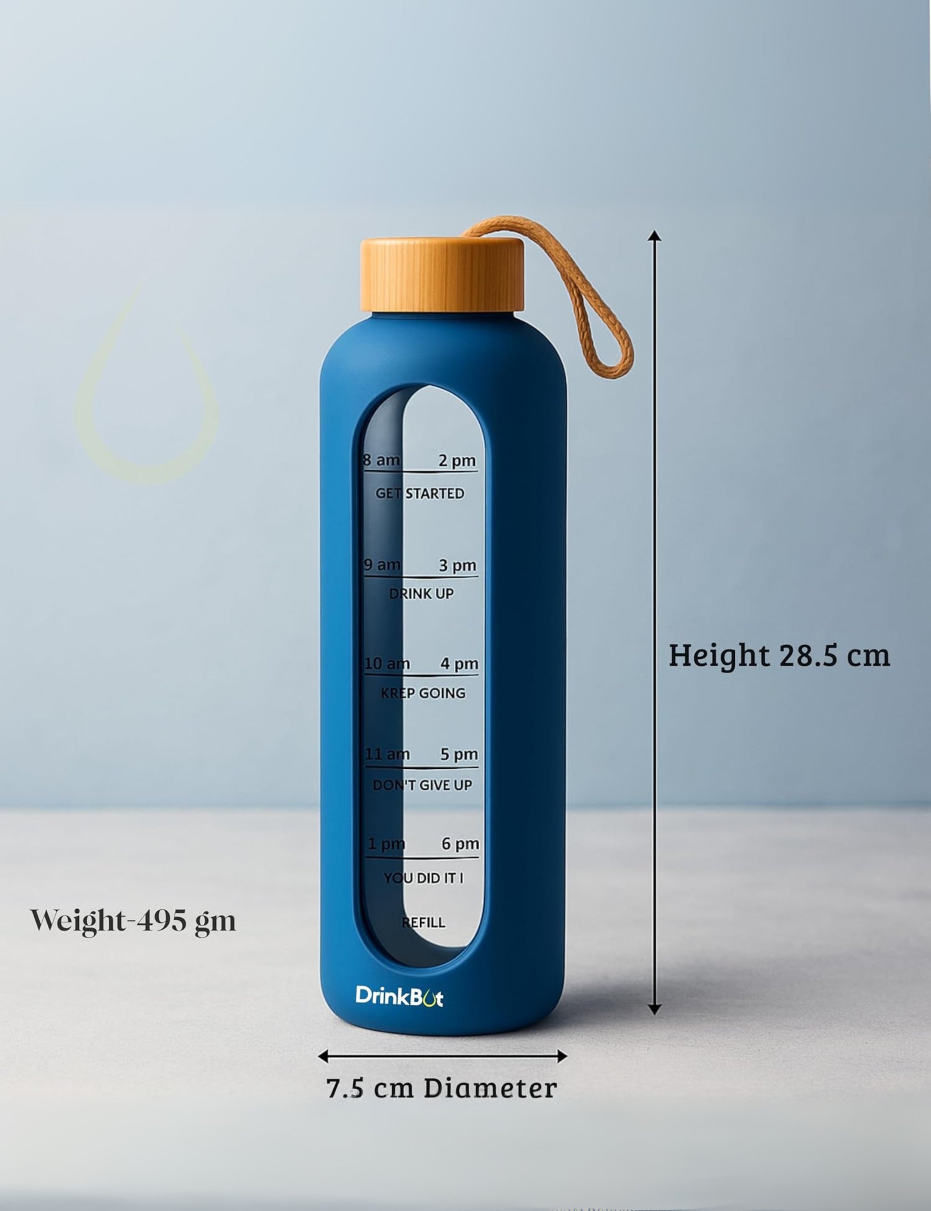 Drinkbot Flare – Borosilicate Glass Water Bottle with Time Marker & Motivational Quotes | Leak-Proof, BPA-Free, Reusable Bottle with Non-Slip Silicone Sleeve & Bamboo Lid