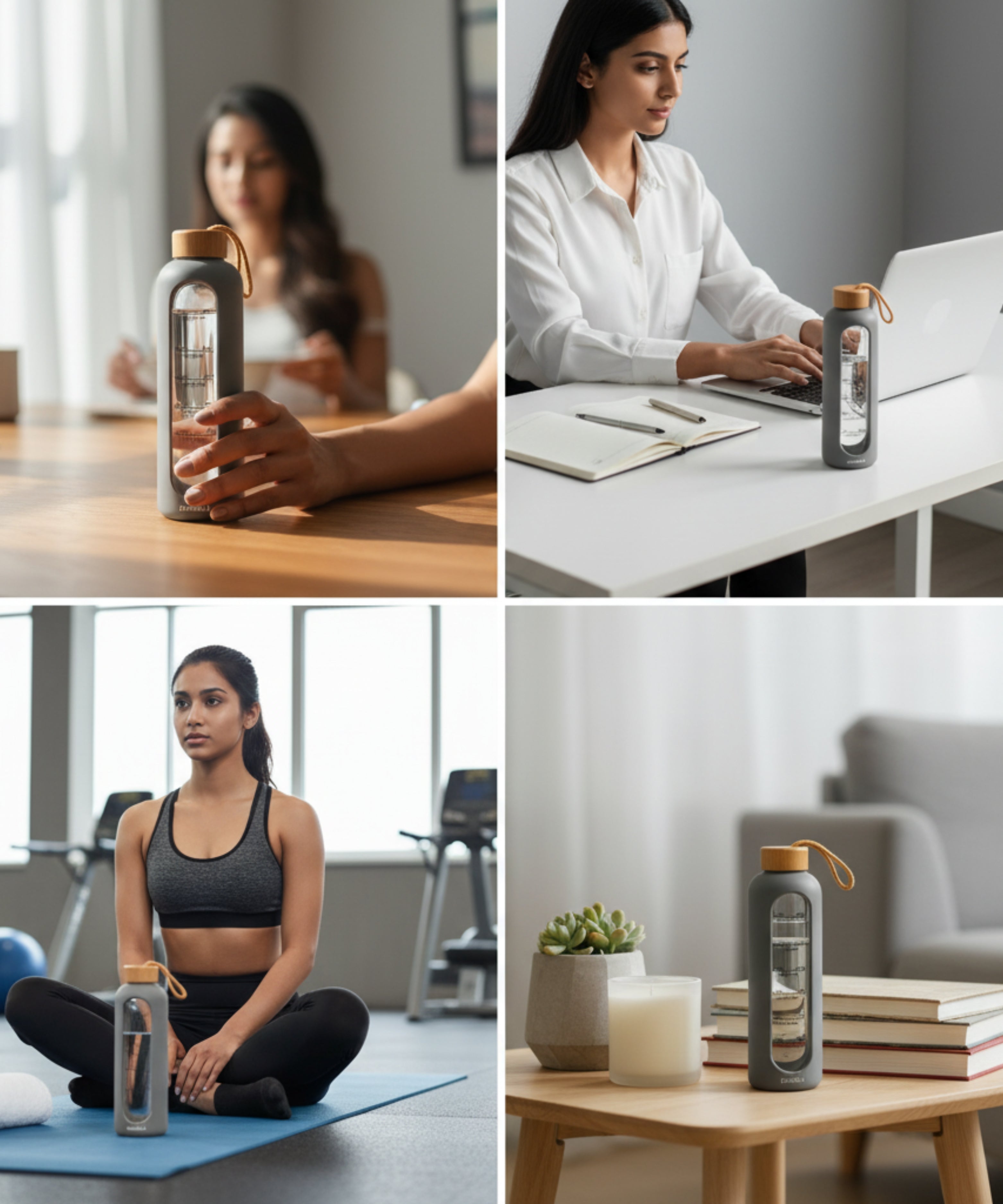 Drinkbot Flare – Borosilicate Glass Water Bottle with Time Marker & Motivational Quotes | Leak-Proof, BPA-Free, Reusable Bottle with Non-Slip Silicone Sleeve & Bamboo Lid