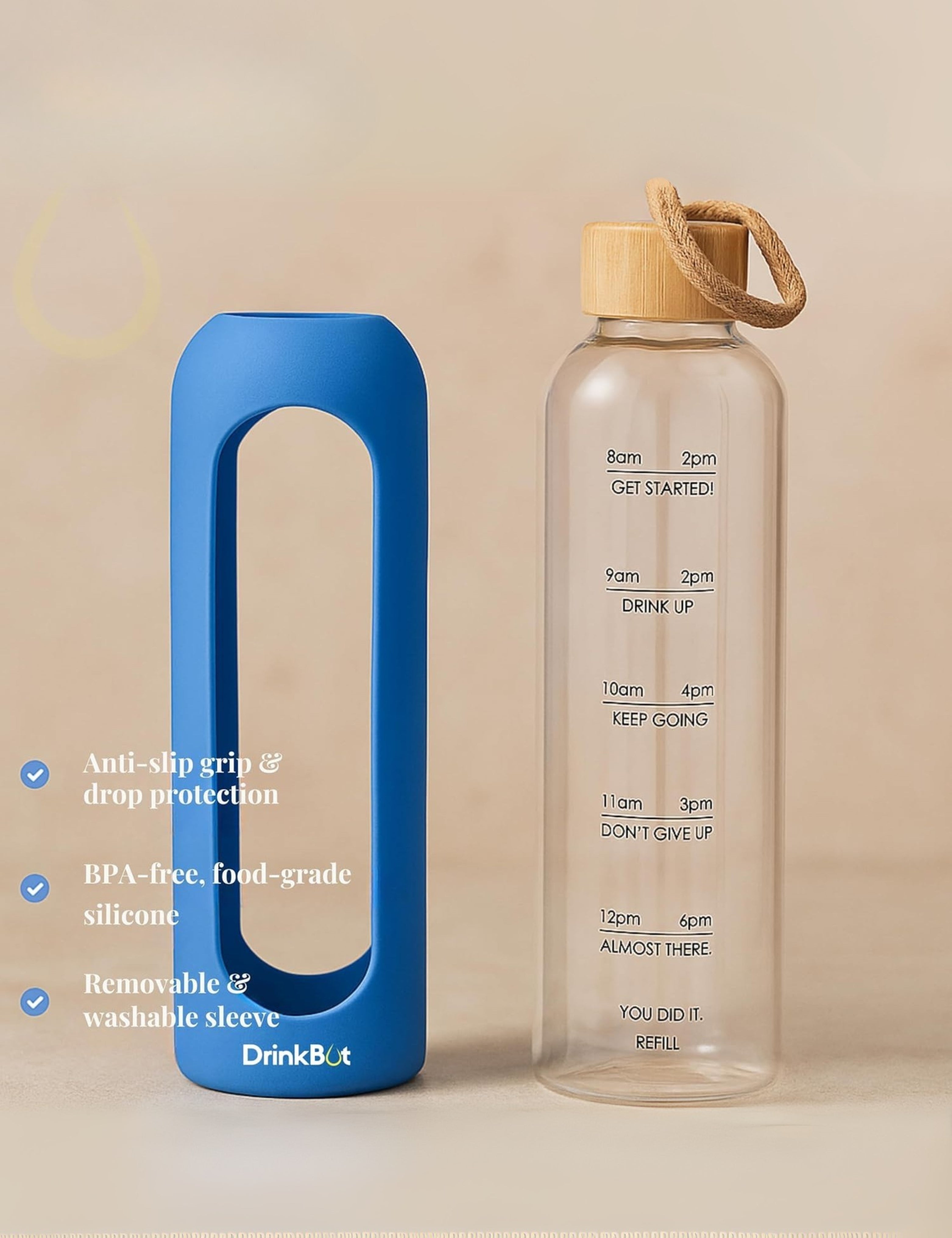 Drinkbot Flare – Borosilicate Glass Water Bottle with Time Marker & Motivational Quotes | Leak-Proof, BPA-Free, Reusable Bottle with Non-Slip Silicone Sleeve & Bamboo Lid