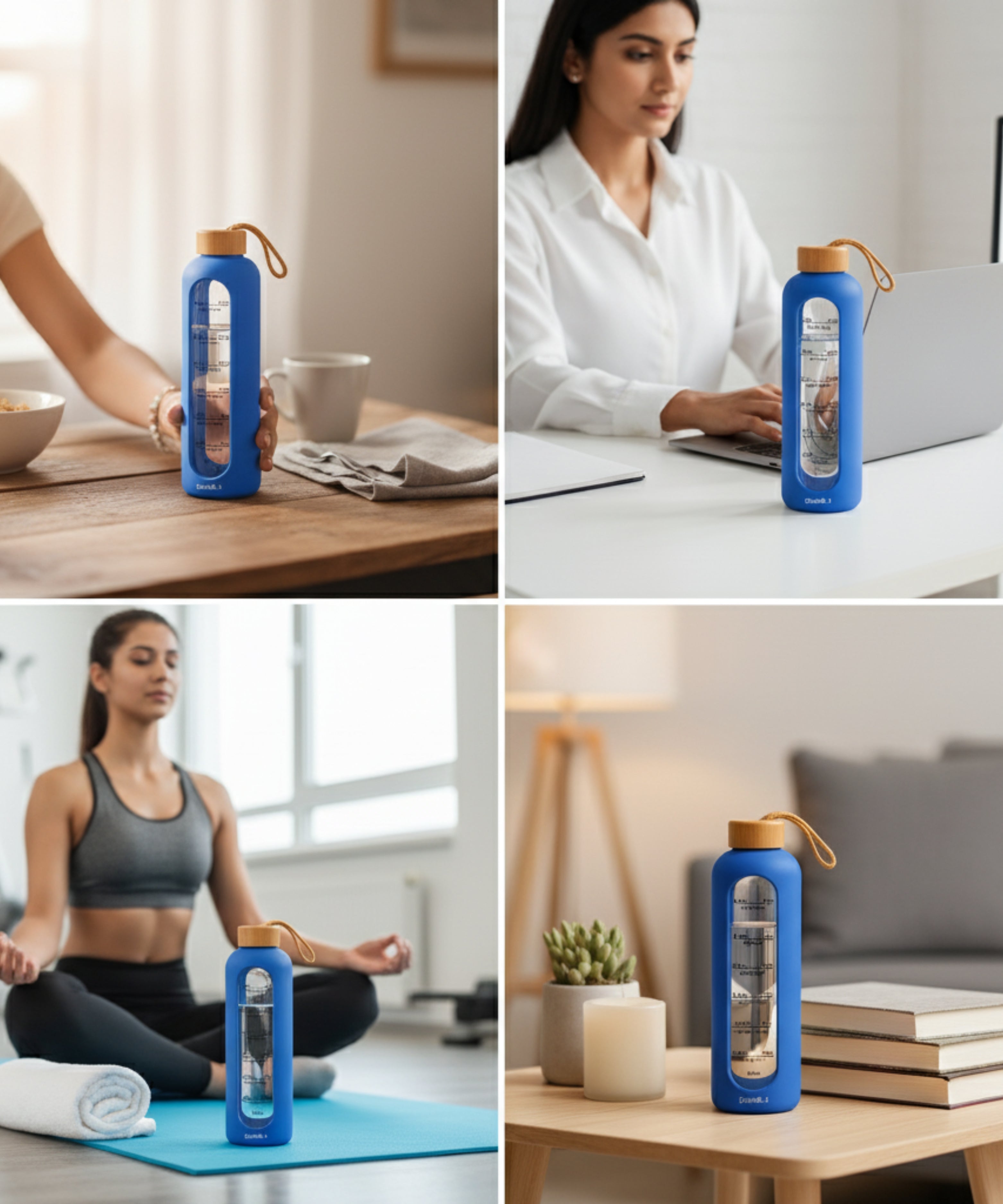 Drinkbot Flare – Borosilicate Glass Water Bottle with Time Marker & Motivational Quotes | Leak-Proof, BPA-Free, Reusable Bottle with Non-Slip Silicone Sleeve & Bamboo Lid