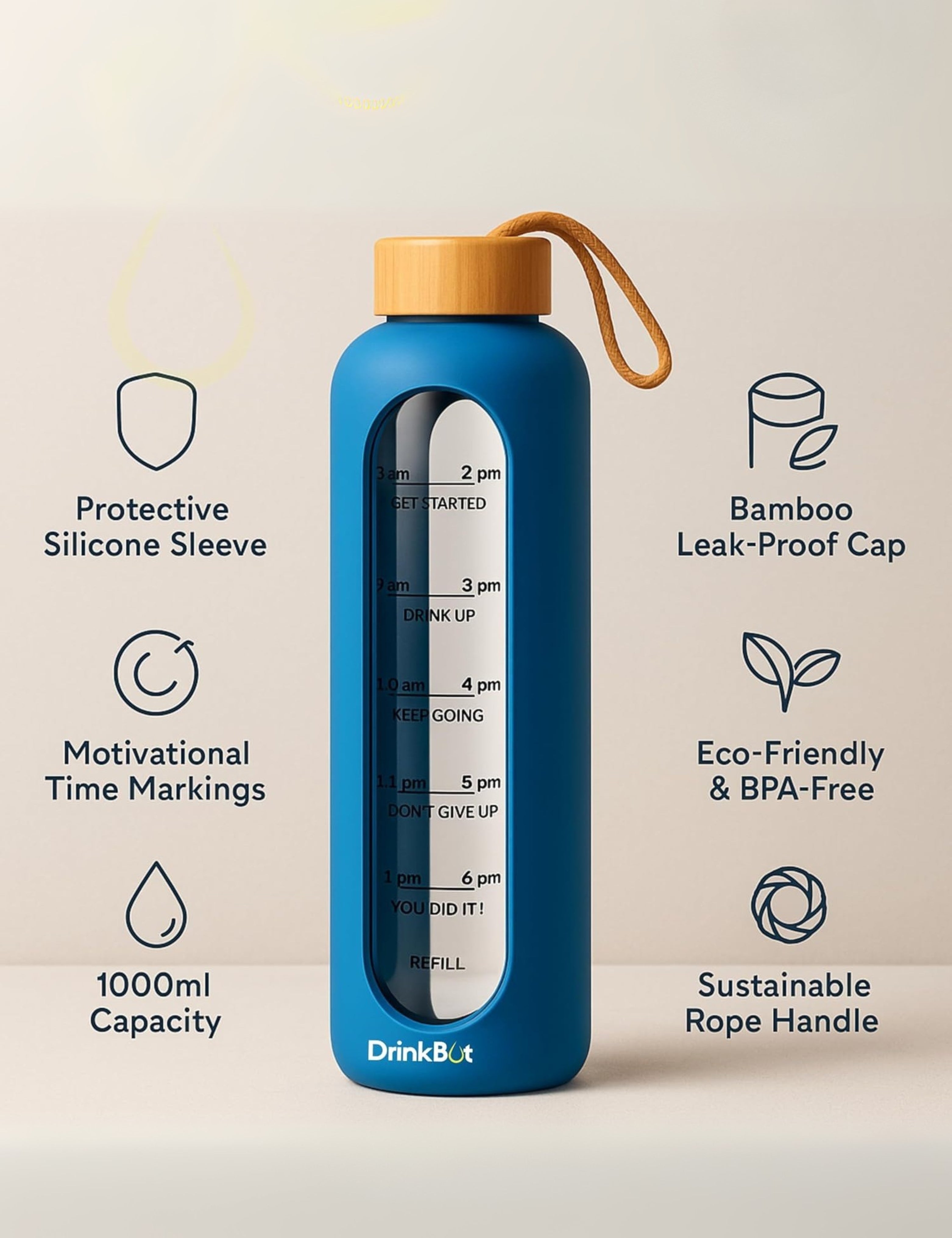 Drinkbot Flare – Borosilicate Glass Water Bottle with Time Marker & Motivational Quotes | Leak-Proof, BPA-Free, Reusable Bottle with Non-Slip Silicone Sleeve & Bamboo Lid