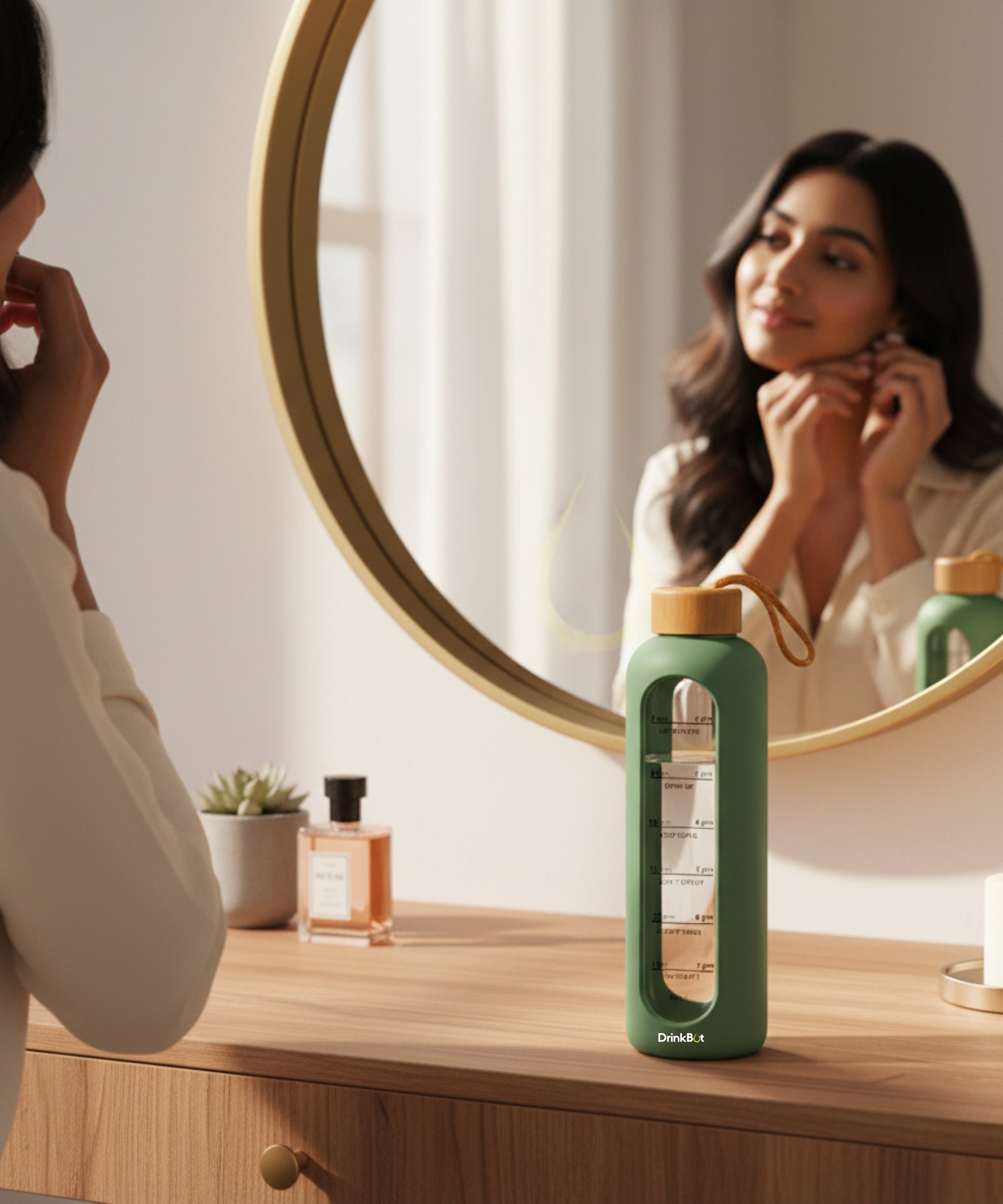 Drinkbot Flare – Borosilicate Glass Water Bottle with Time Marker & Motivational Quotes | Leak-Proof, BPA-Free, Reusable Bottle with Non-Slip Silicone Sleeve & Bamboo Lid