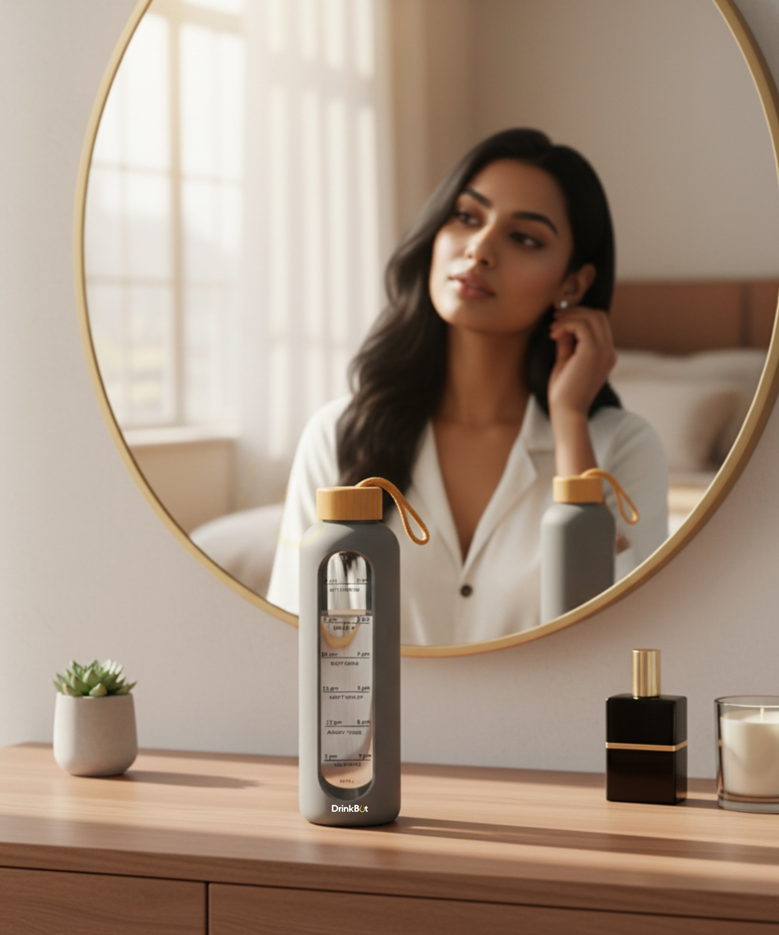 Drinkbot Flare – Borosilicate Glass Water Bottle with Time Marker & Motivational Quotes | Leak-Proof, BPA-Free, Reusable Bottle with Non-Slip Silicone Sleeve & Bamboo Lid