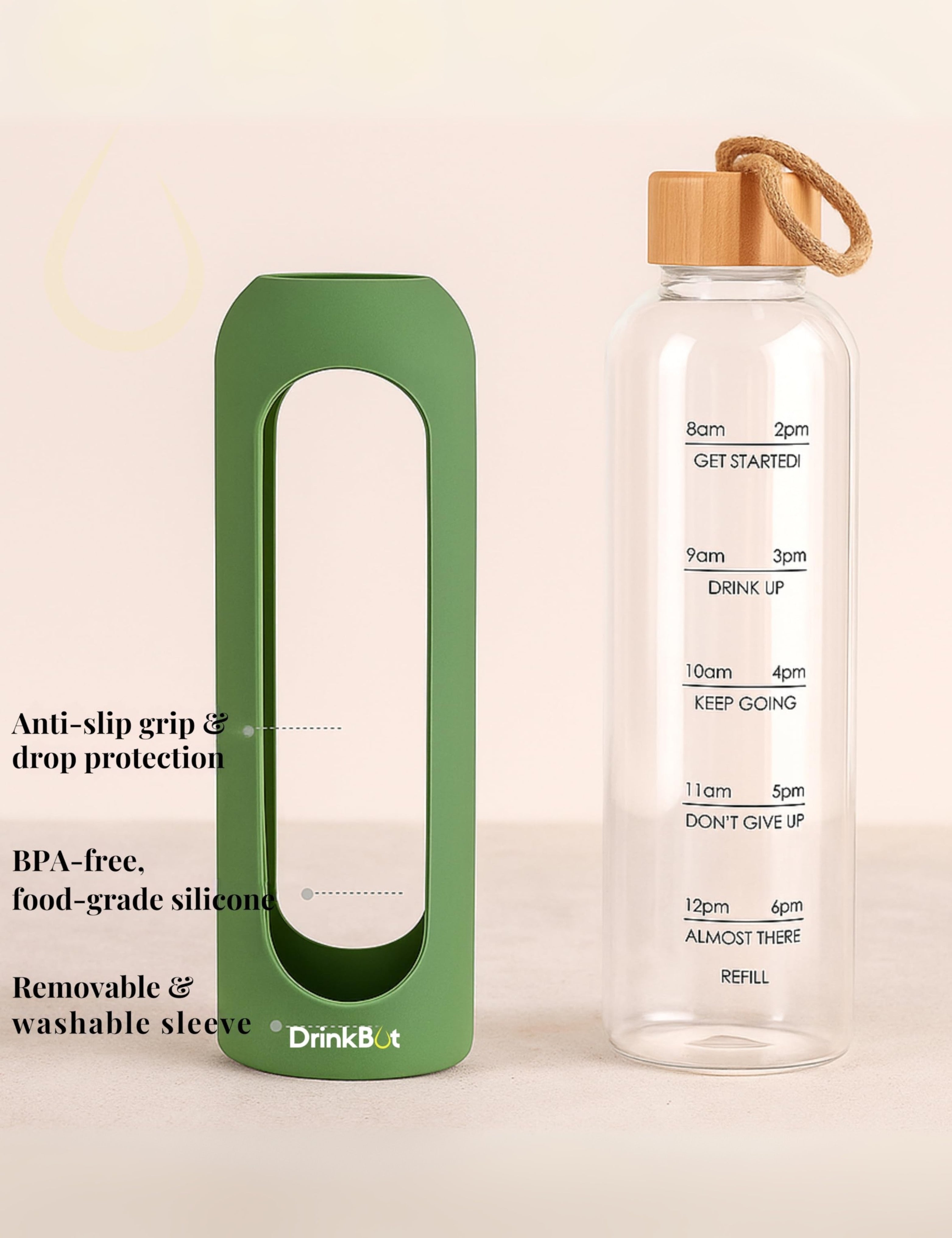 Drinkbot Flare – Borosilicate Glass Water Bottle with Time Marker & Motivational Quotes | Leak-Proof, BPA-Free, Reusable Bottle with Non-Slip Silicone Sleeve & Bamboo Lid