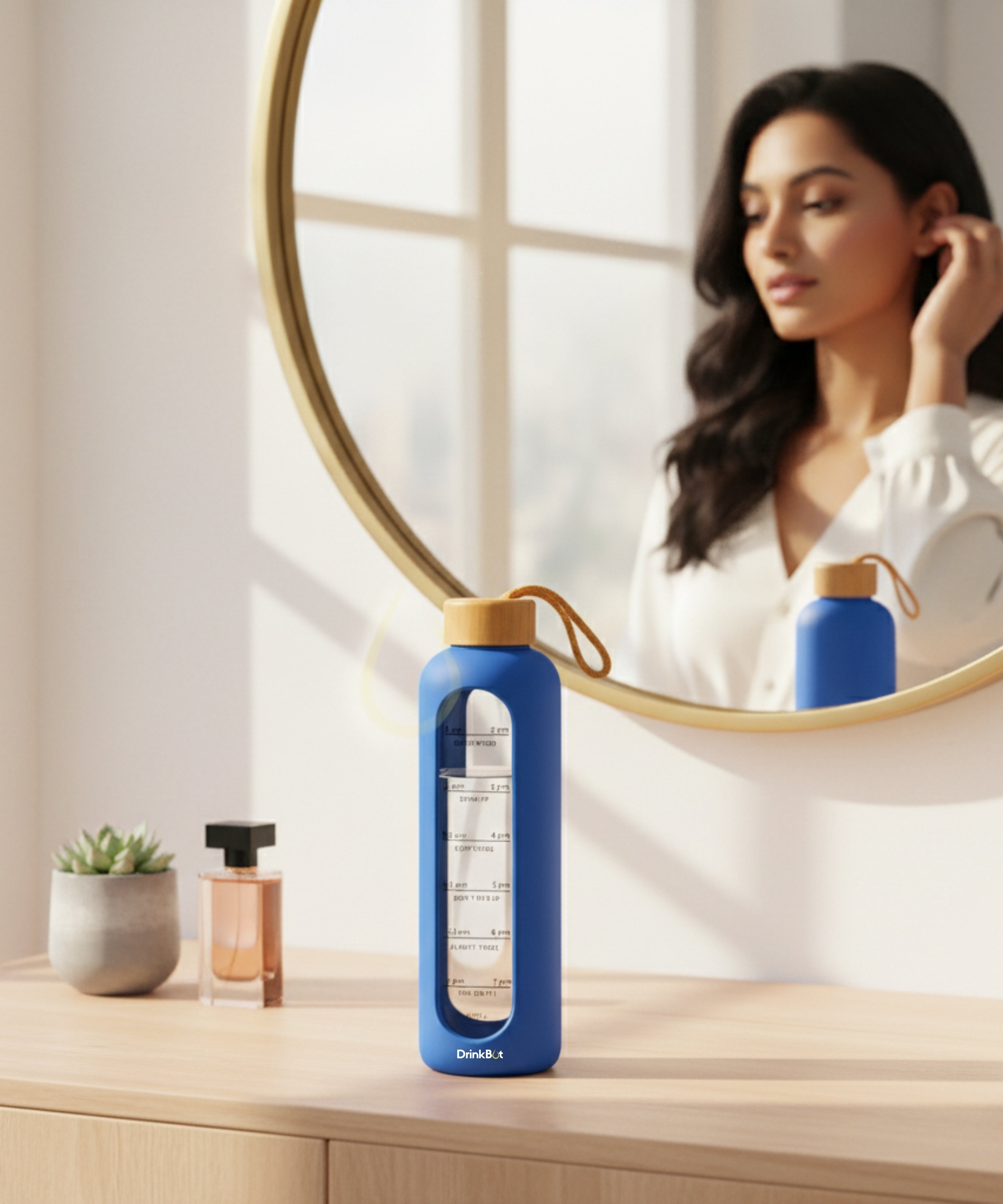 Drinkbot Flare – Borosilicate Glass Water Bottle with Time Marker & Motivational Quotes | Leak-Proof, BPA-Free, Reusable Bottle with Non-Slip Silicone Sleeve & Bamboo Lid