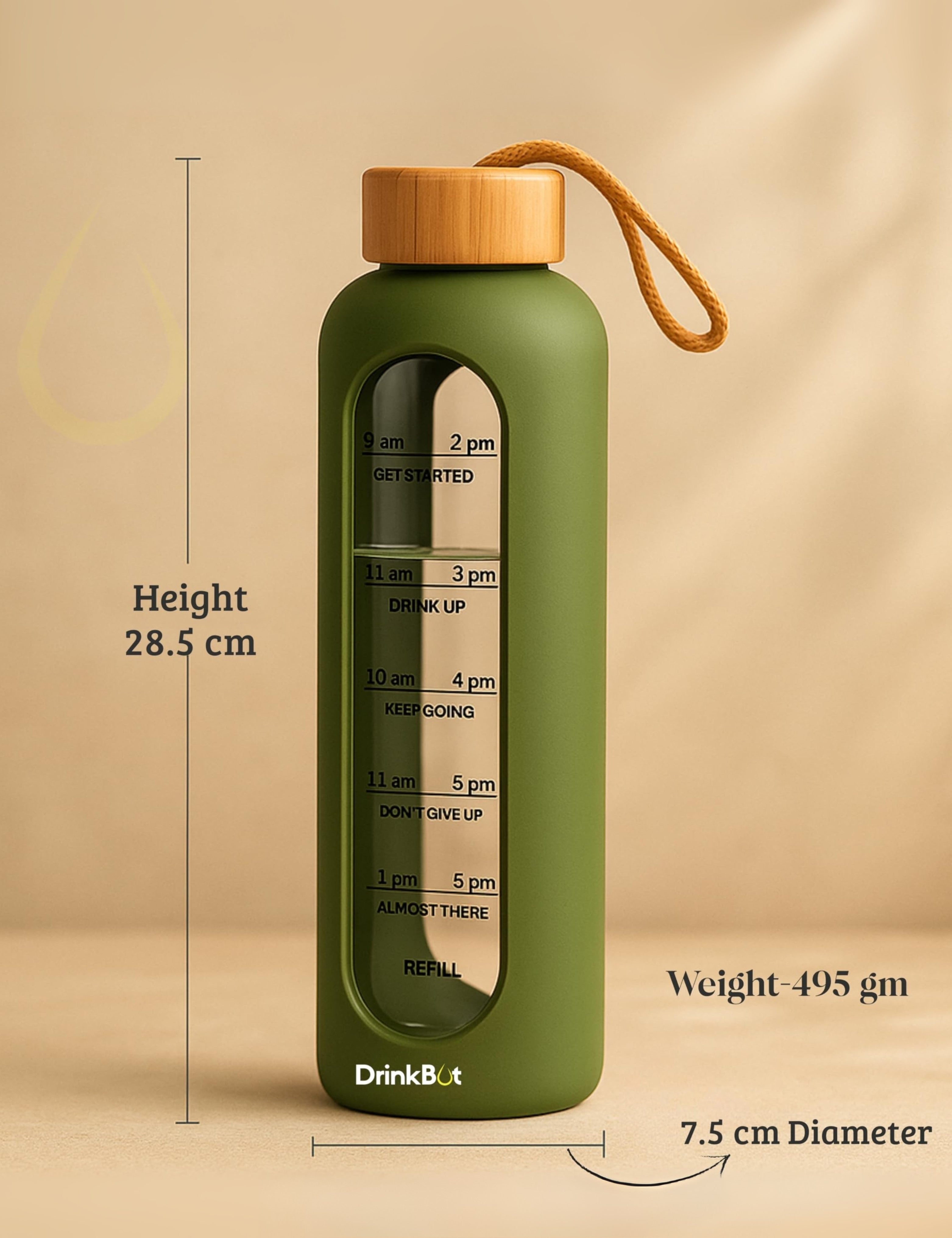 Drinkbot Flare – Borosilicate Glass Water Bottle with Time Marker & Motivational Quotes | Leak-Proof, BPA-Free, Reusable Bottle with Non-Slip Silicone Sleeve & Bamboo Lid