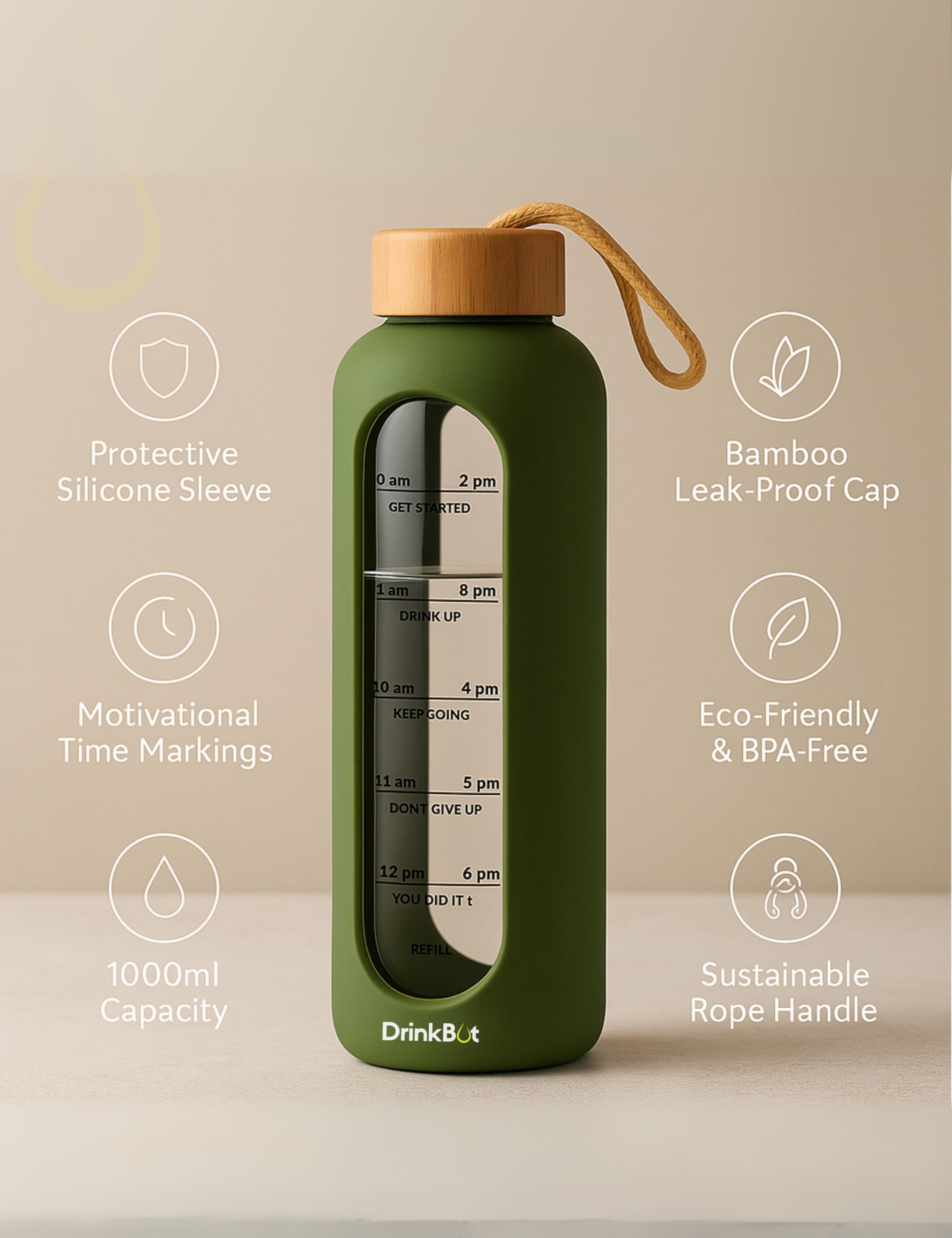 Drinkbot Flare – Borosilicate Glass Water Bottle with Time Marker & Motivational Quotes | Leak-Proof, BPA-Free, Reusable Bottle with Non-Slip Silicone Sleeve & Bamboo Lid