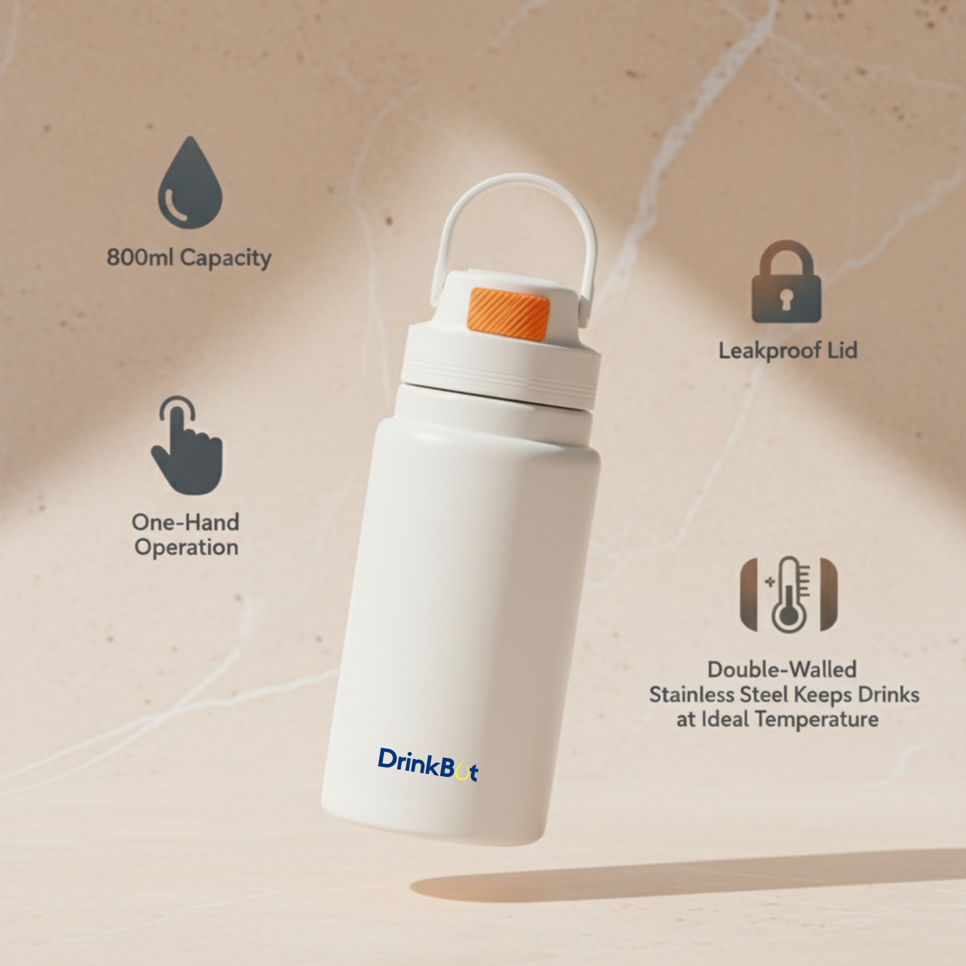 Drinkbot Luna | The Ultimate Recycled Stainless Steel Eco-Friendly & Reusable Water Bottle Ideal for School, Outdoor, Gym, Home, and Office Use - Leak Proof and BPA-Free, PVC Free - 800ml