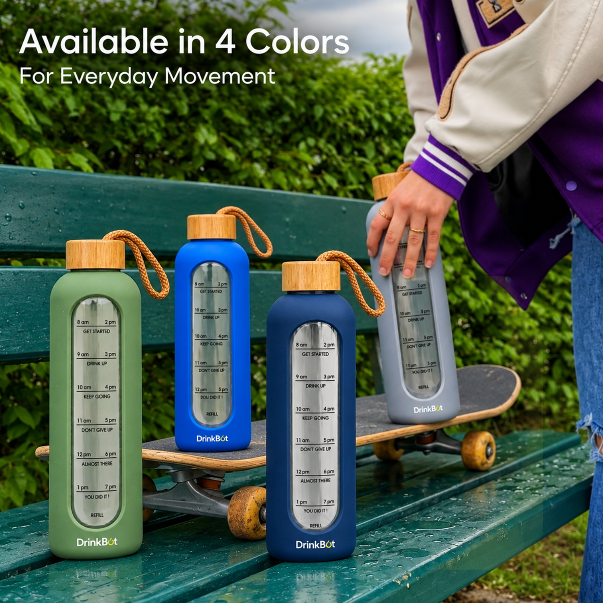 DrinkBot Flare Eco Glass Water Bottle — 1 Litre Borosilicate | Bamboo Lid & Jute Rope | Time Markers | Almost Zero Plastic