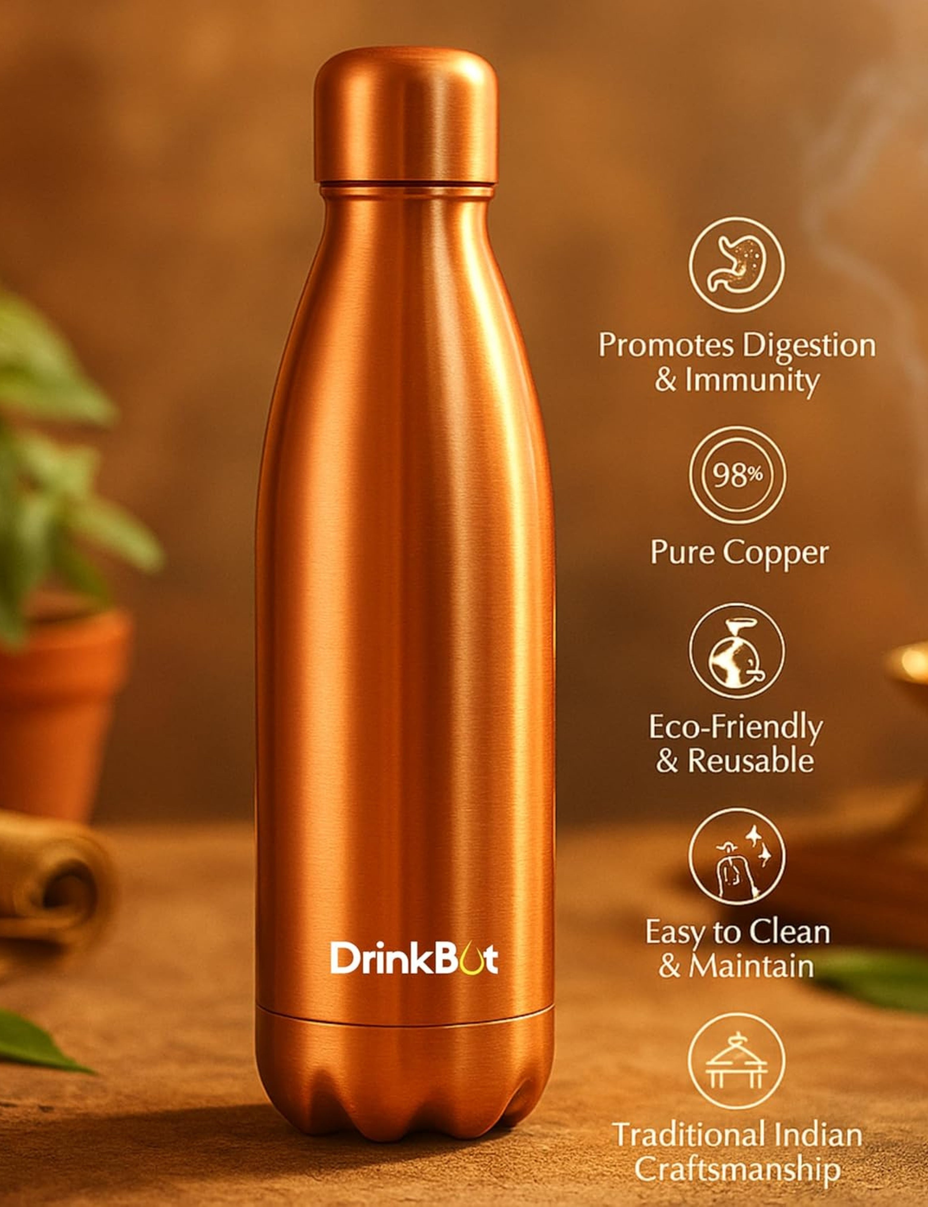 DrinkBot Amrit 1100ml Copper Water Bottle | 98% Pure Copper | Ayurvedic Benefits | Leak-Proof | Ideal for Home, Office & Gifting
