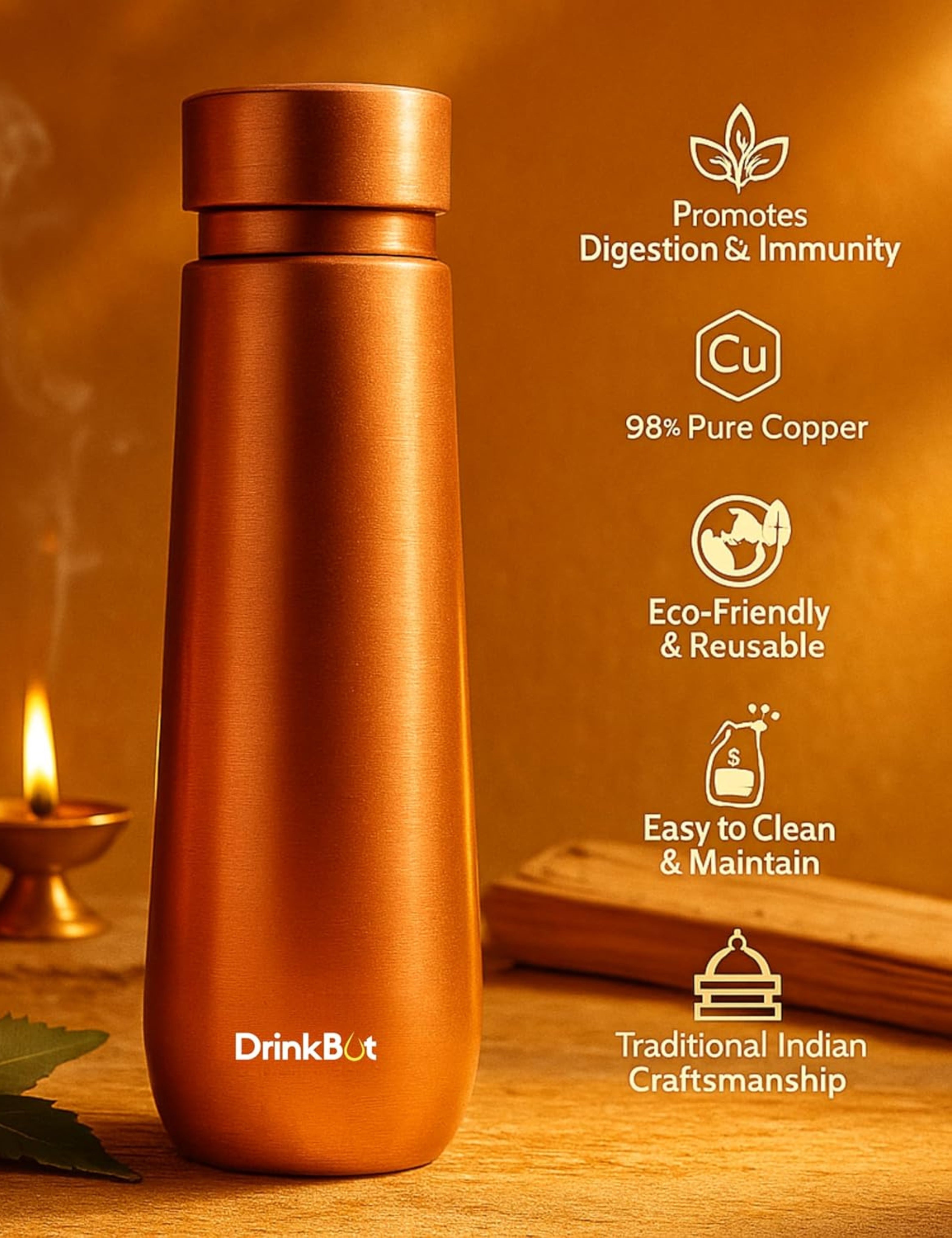 Drinkbot Aakar | 98% Pure Copper Water Bottle | 950ml Leakproof & Handcrafted for Ayurveda, Gifting & Everyday Use