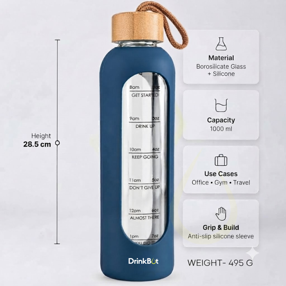 DrinkBot Flare Eco Glass Water Bottle — 1 Litre Borosilicate | Bamboo Lid & Jute Rope | Time Markers | Almost Zero Plastic