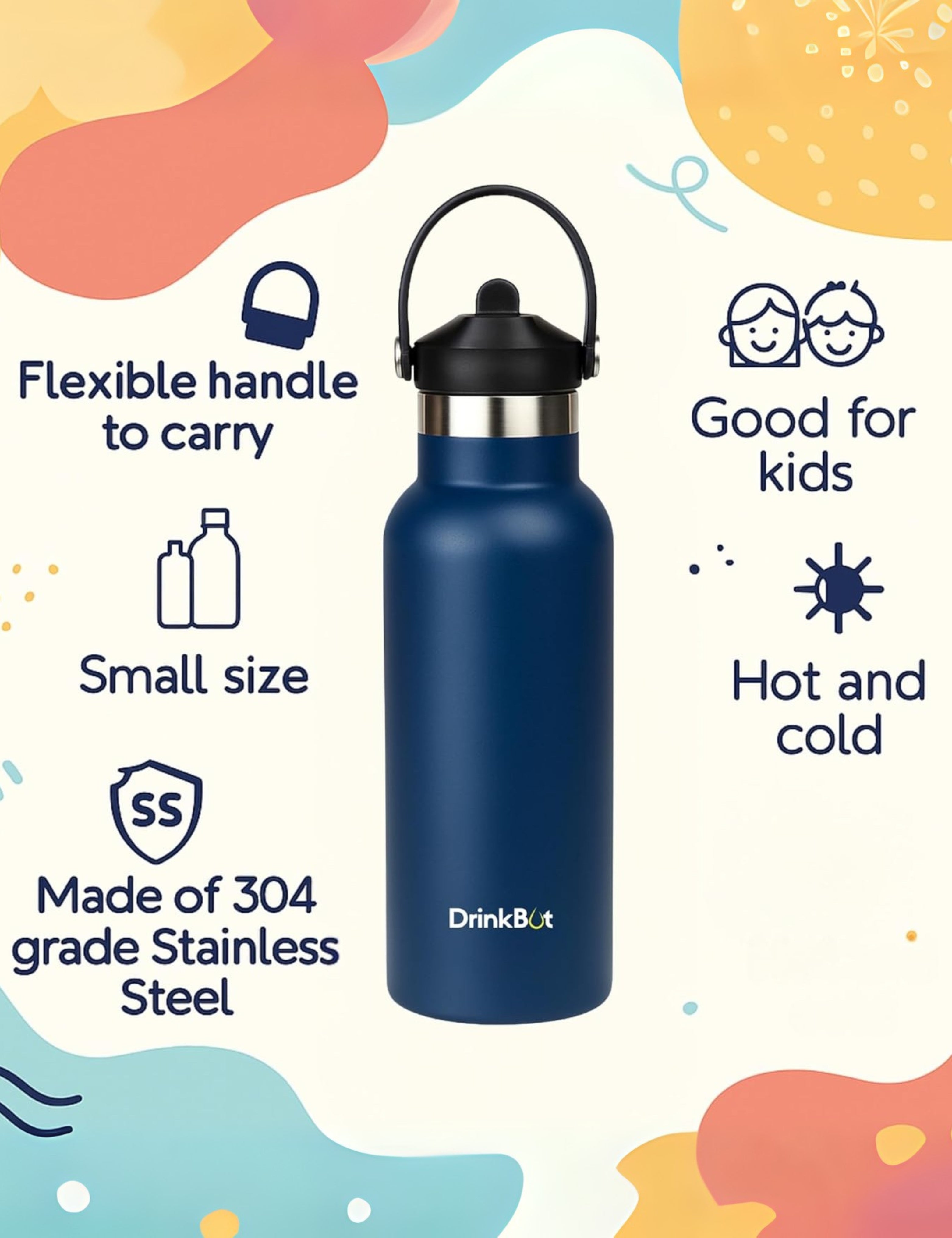DrinkBot Breeze Kids  Sipper Bottle | 24hr Hot & Cold | 304 Steel, Double Wall | BPA-Free, Leak & Rust-Proof | Ideal for School, Sports & Travel