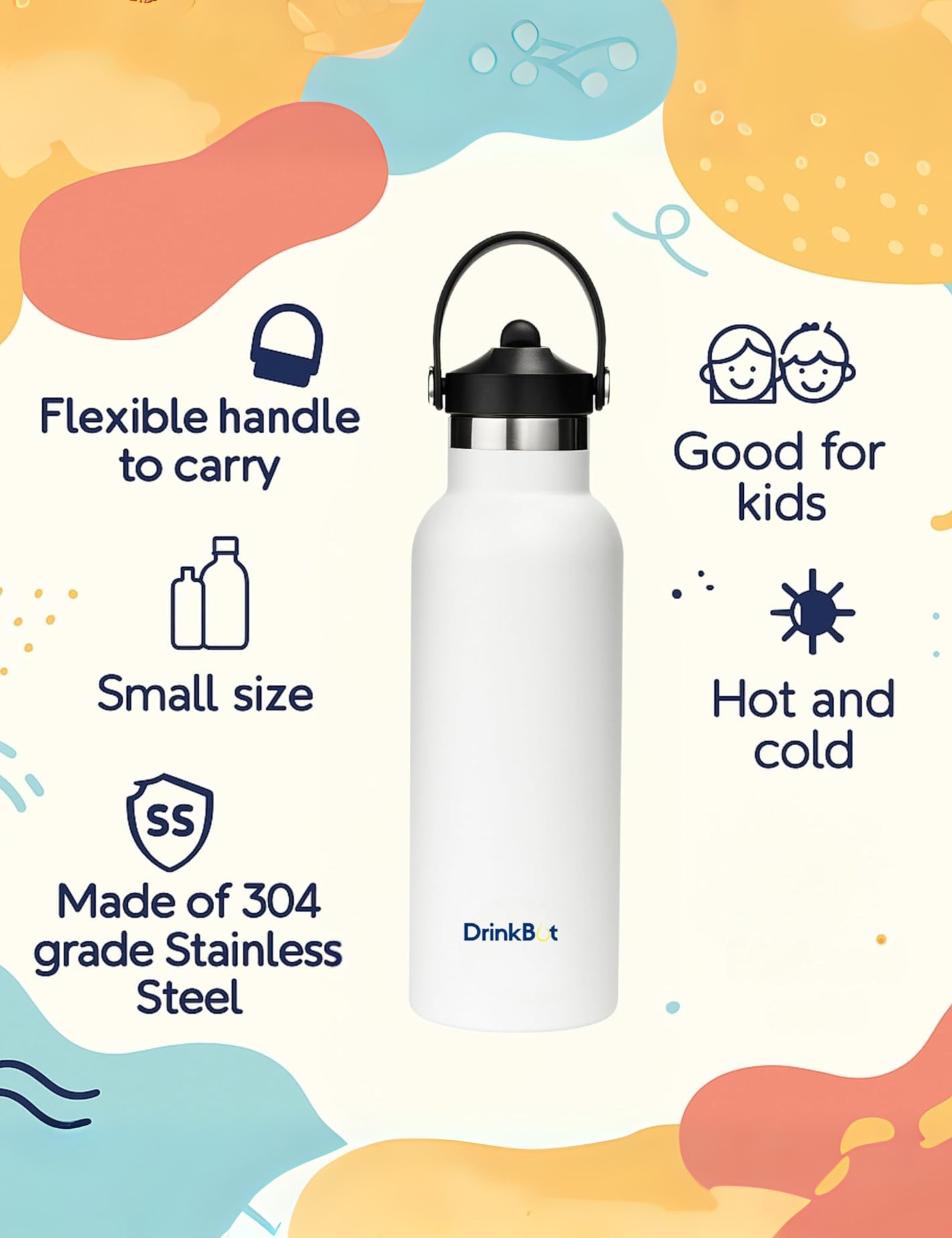 DrinkBot Breeze Kids  Sipper Bottle | 24hr Hot & Cold | 304 Steel, Double Wall | BPA-Free, Leak & Rust-Proof | Ideal for School, Sports & Travel