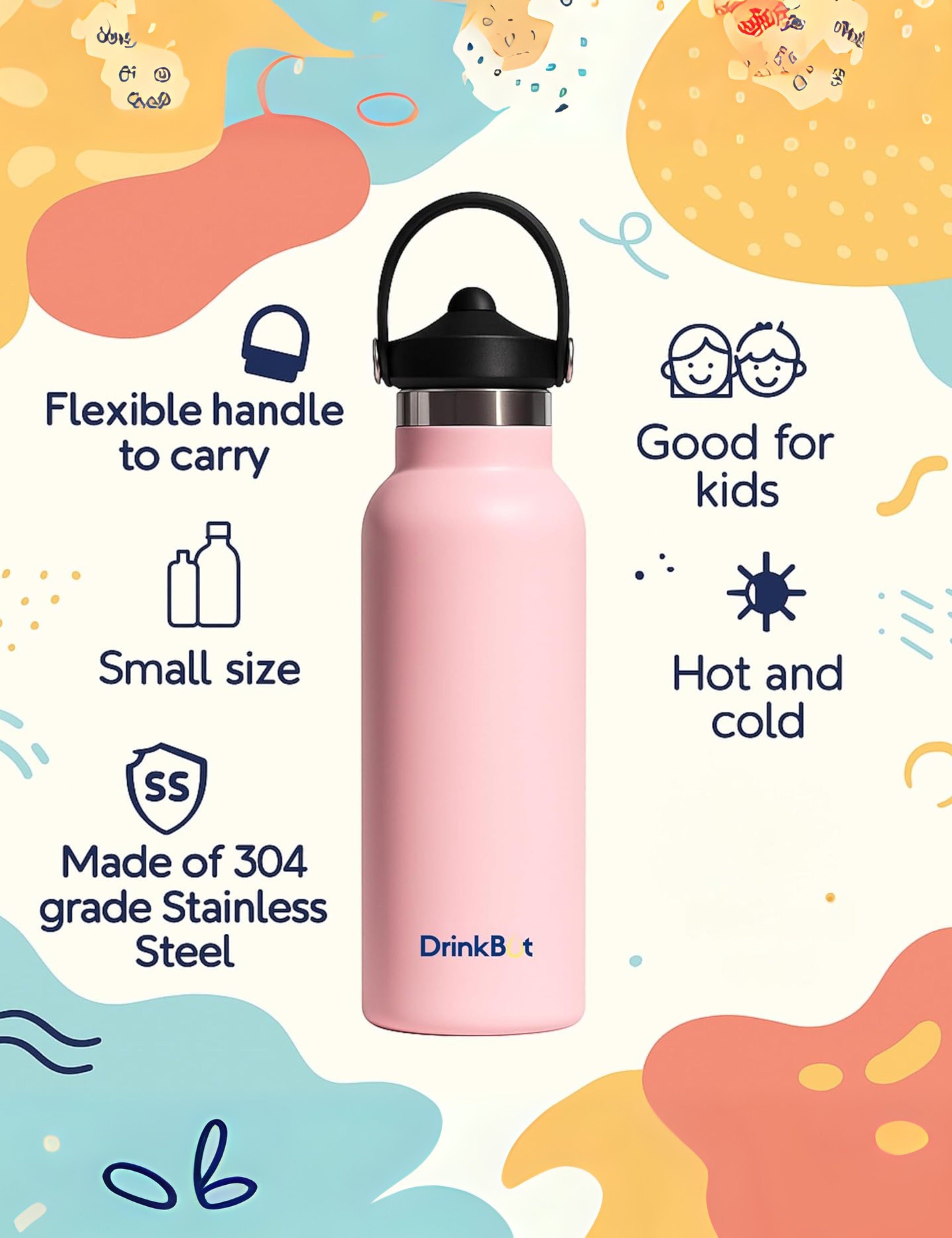 DrinkBot Breeze Kids  Sipper Bottle | 24hr Hot & Cold | 304 Steel, Double Wall | BPA-Free, Leak & Rust-Proof | Ideal for School, Sports & Travel