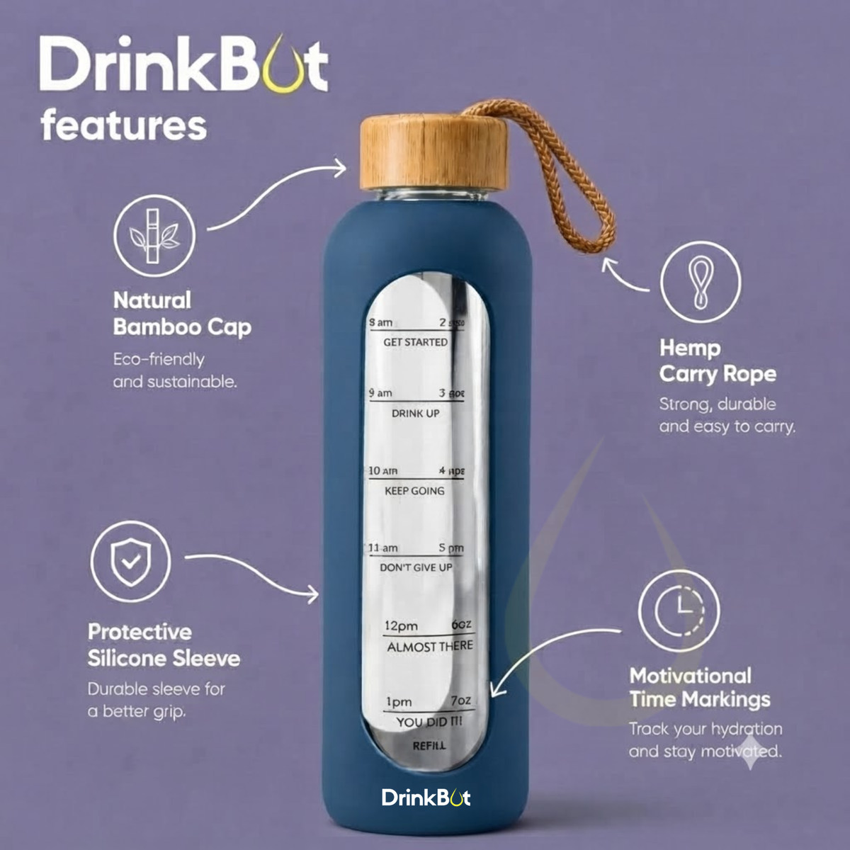 DrinkBot Flare Eco Glass Water Bottle — 1 Litre Borosilicate | Bamboo Lid & Jute Rope | Time Markers | Almost Zero Plastic