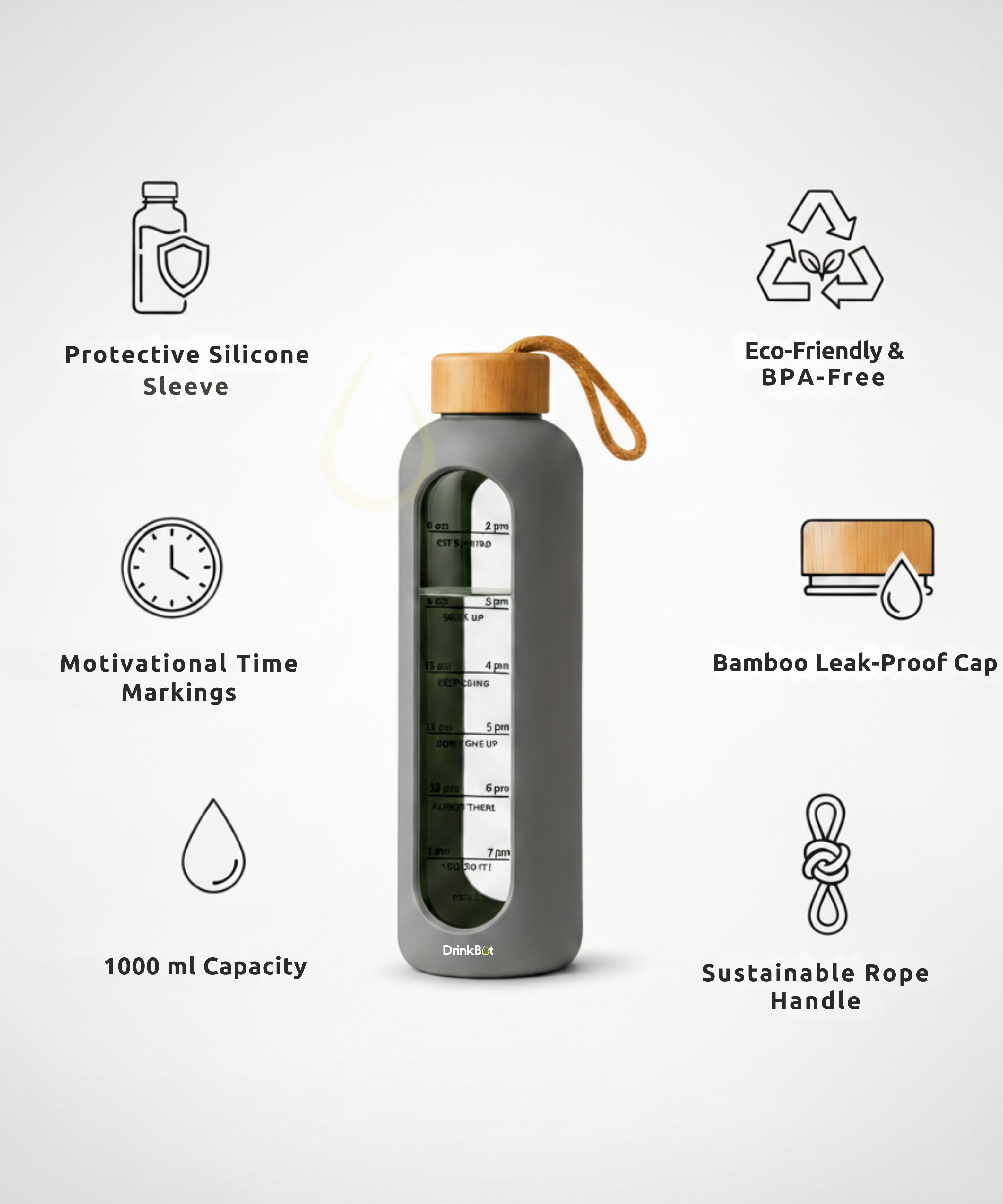 Drinkbot Flare – Borosilicate Glass Water Bottle with Time Marker & Motivational Quotes | Leak-Proof, BPA-Free, Reusable Bottle with Non-Slip Silicone Sleeve & Bamboo Lid