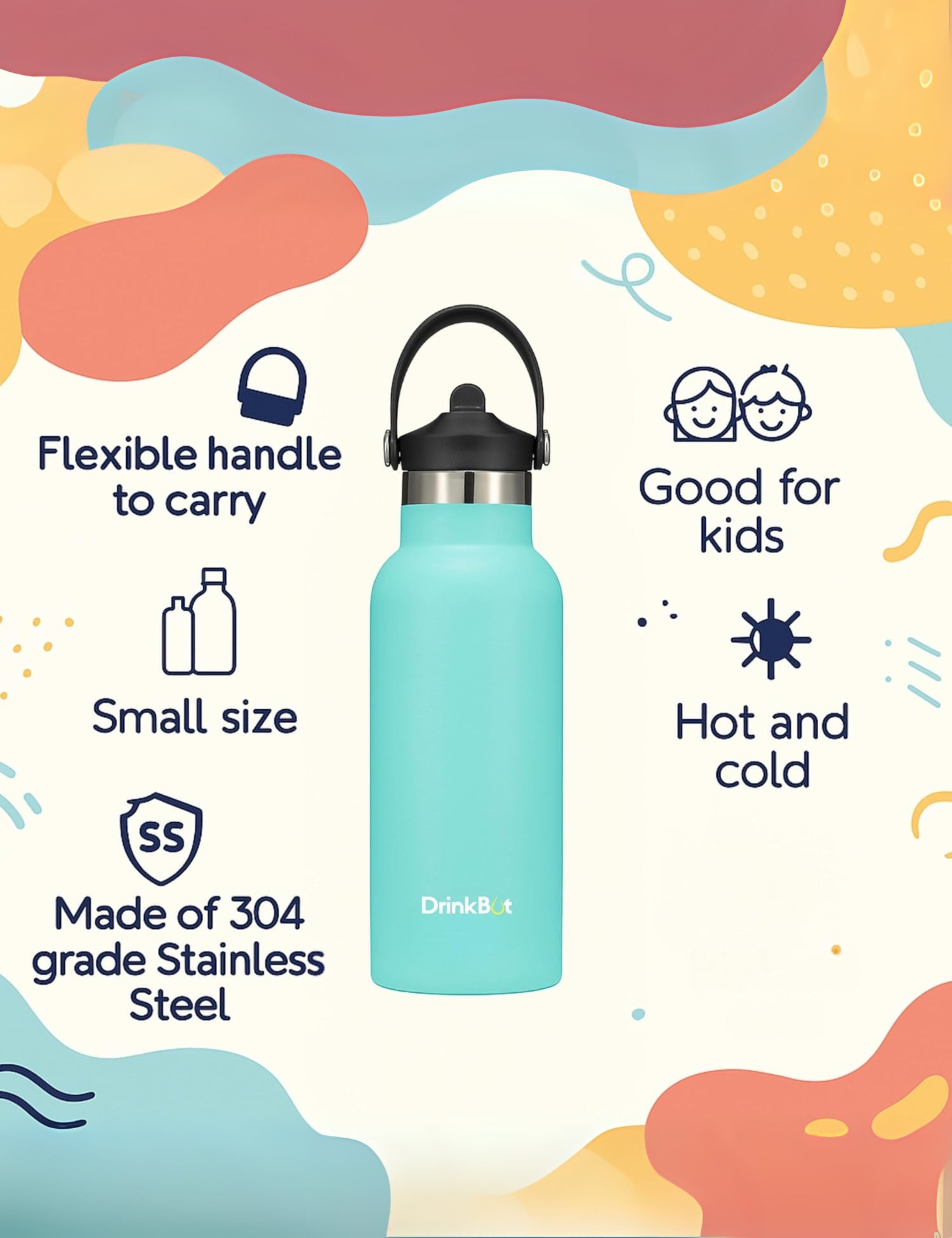 DrinkBot Breeze Kids  Sipper Bottle | 24hr Hot & Cold | 304 Steel, Double Wall | BPA-Free, Leak & Rust-Proof | Ideal for School, Sports & Travel