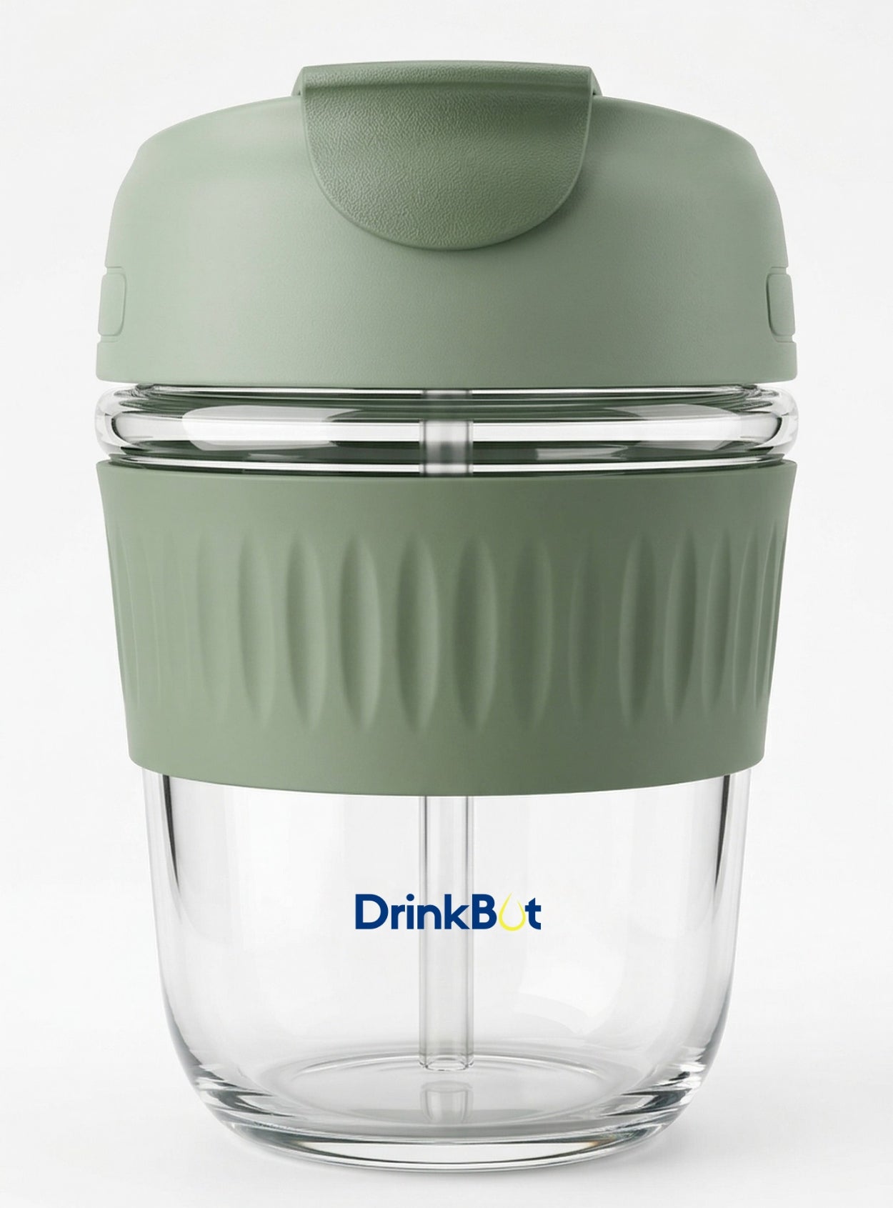 DrinkBot Ember – Glass Tumbler with Dual Sip & Straw Lid, Silicone Grip Sleeve (380 ml)