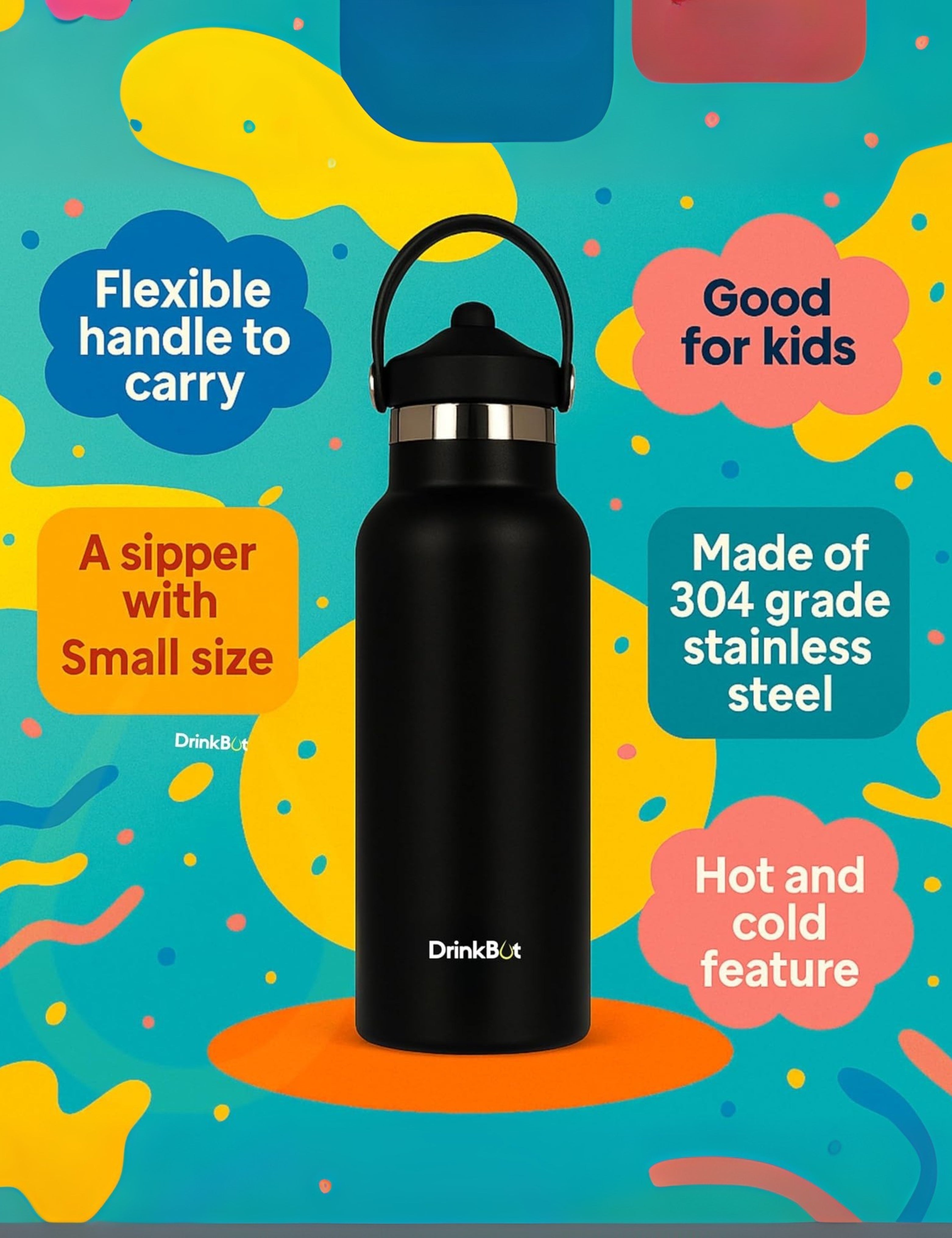 DrinkBot Breeze Kids  Sipper Bottle | 24hr Hot & Cold | 304 Steel, Double Wall | BPA-Free, Leak & Rust-Proof | Ideal for School, Sports & Travel