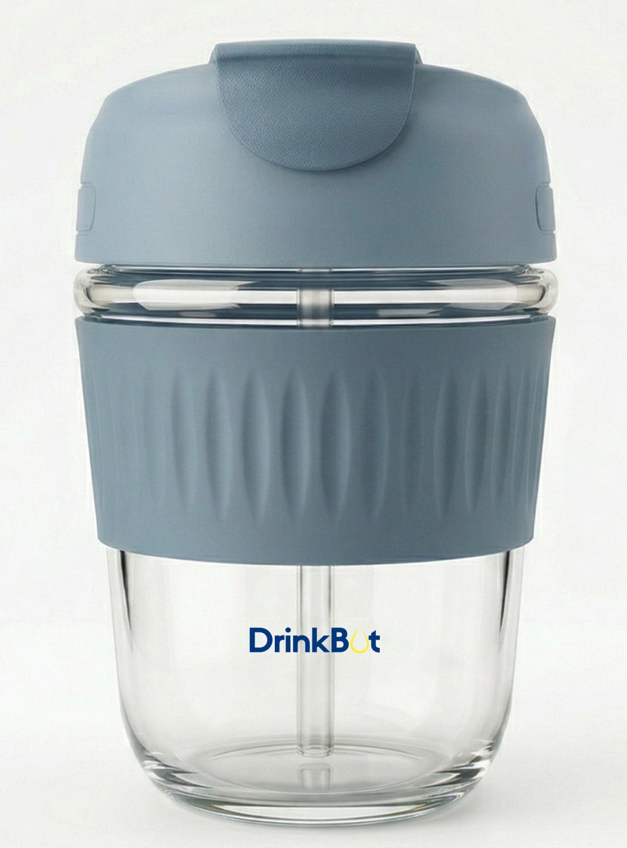 DrinkBot Ember – Glass Tumbler with Dual Sip & Straw Lid, Silicone Grip Sleeve (380 ml)