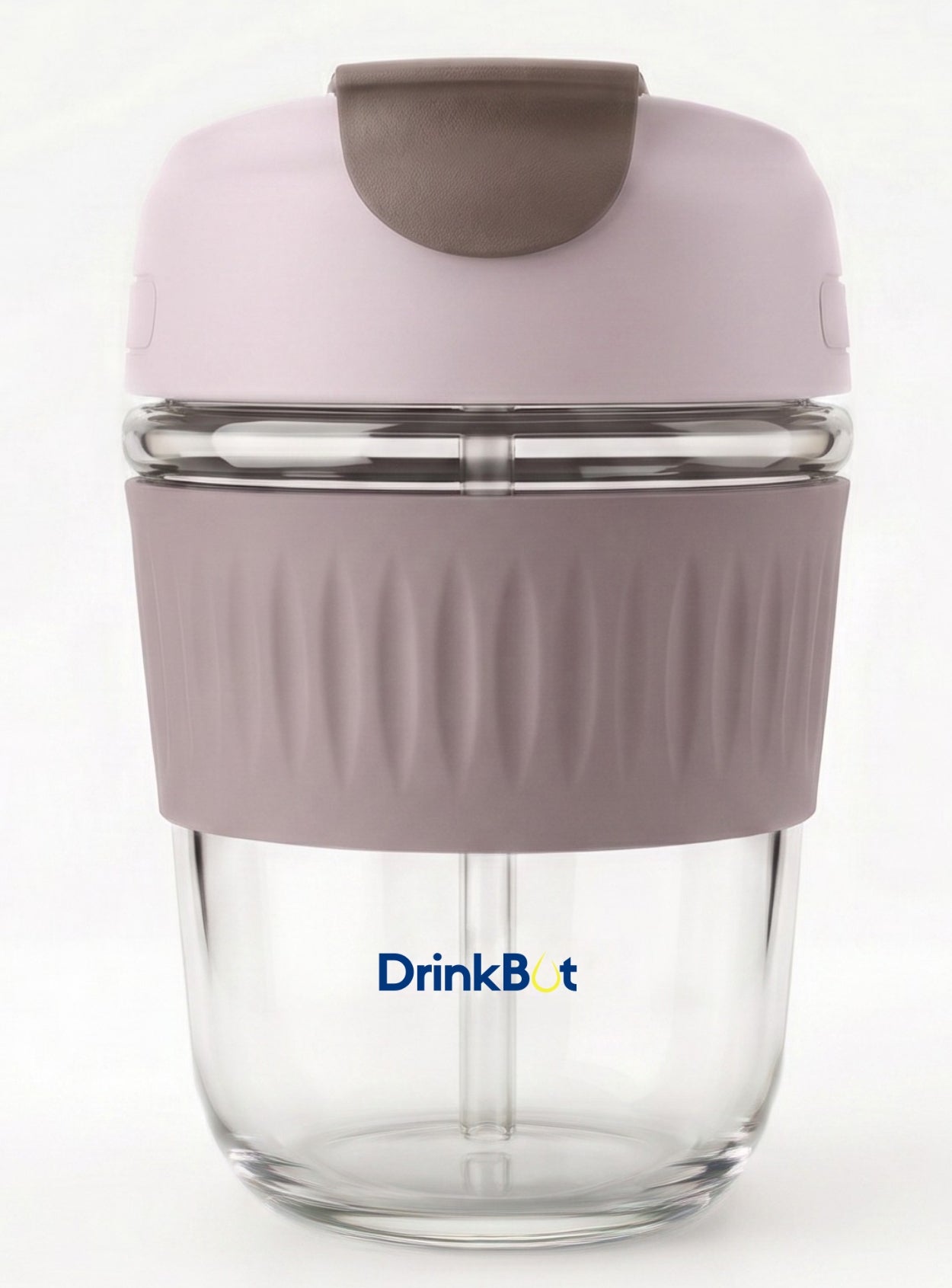 DrinkBot Ember – Glass Tumbler with Dual Sip & Straw Lid, Silicone Grip Sleeve (380 ml)