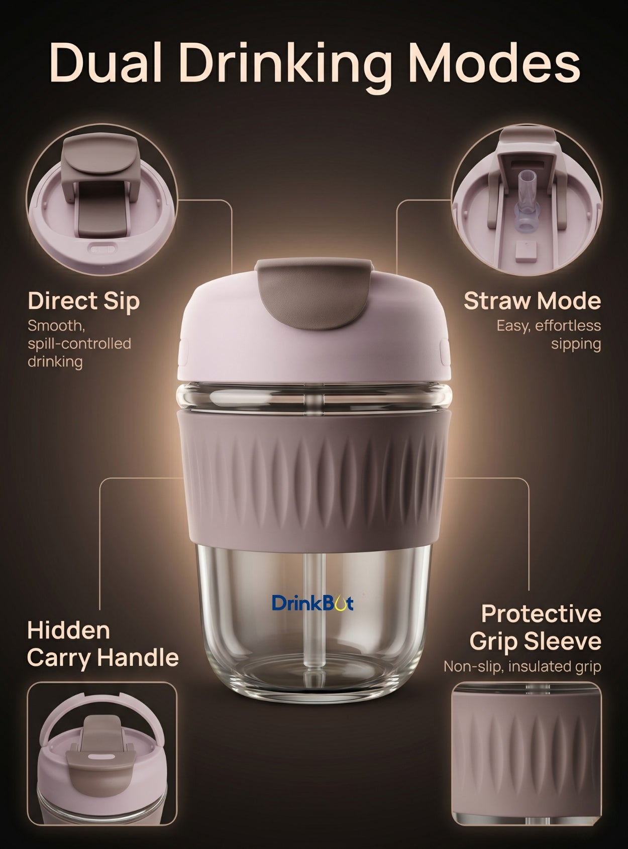 DrinkBot Ember – Glass Tumbler with Dual Sip & Straw Lid, Silicone Grip Sleeve (380 ml)