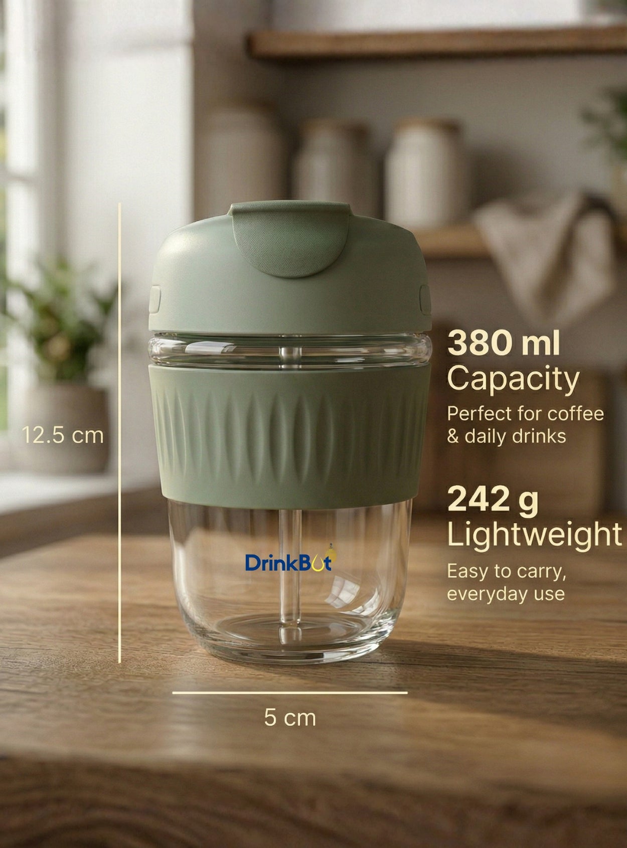 DrinkBot Ember – Glass Tumbler with Dual Sip & Straw Lid, Silicone Grip Sleeve (380 ml)