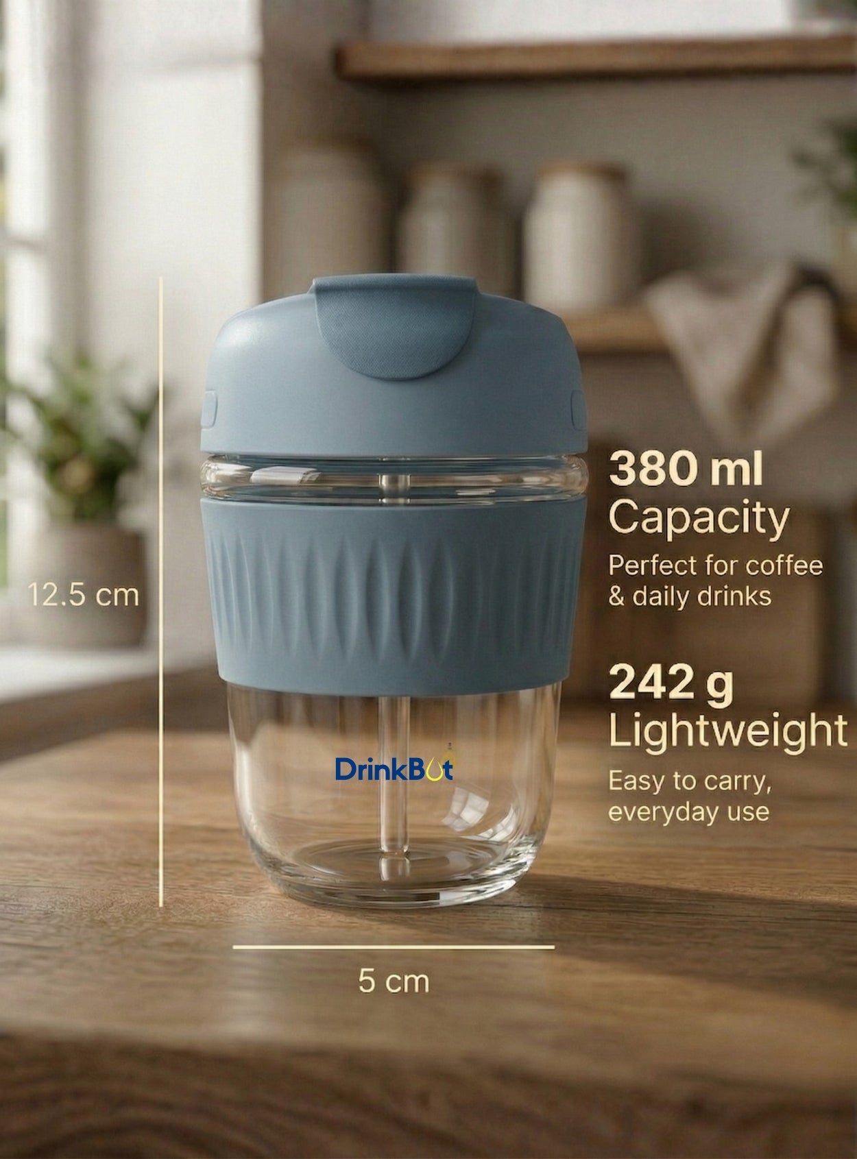 DrinkBot Ember – Glass Tumbler with Dual Sip & Straw Lid, Silicone Grip Sleeve (380 ml)