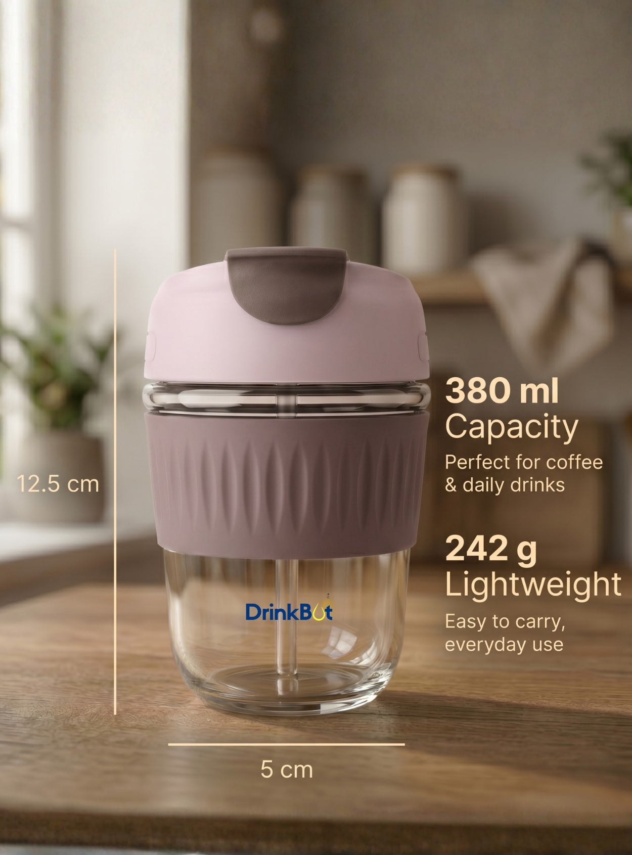 DrinkBot Ember – Glass Tumbler with Dual Sip & Straw Lid, Silicone Grip Sleeve (380 ml)