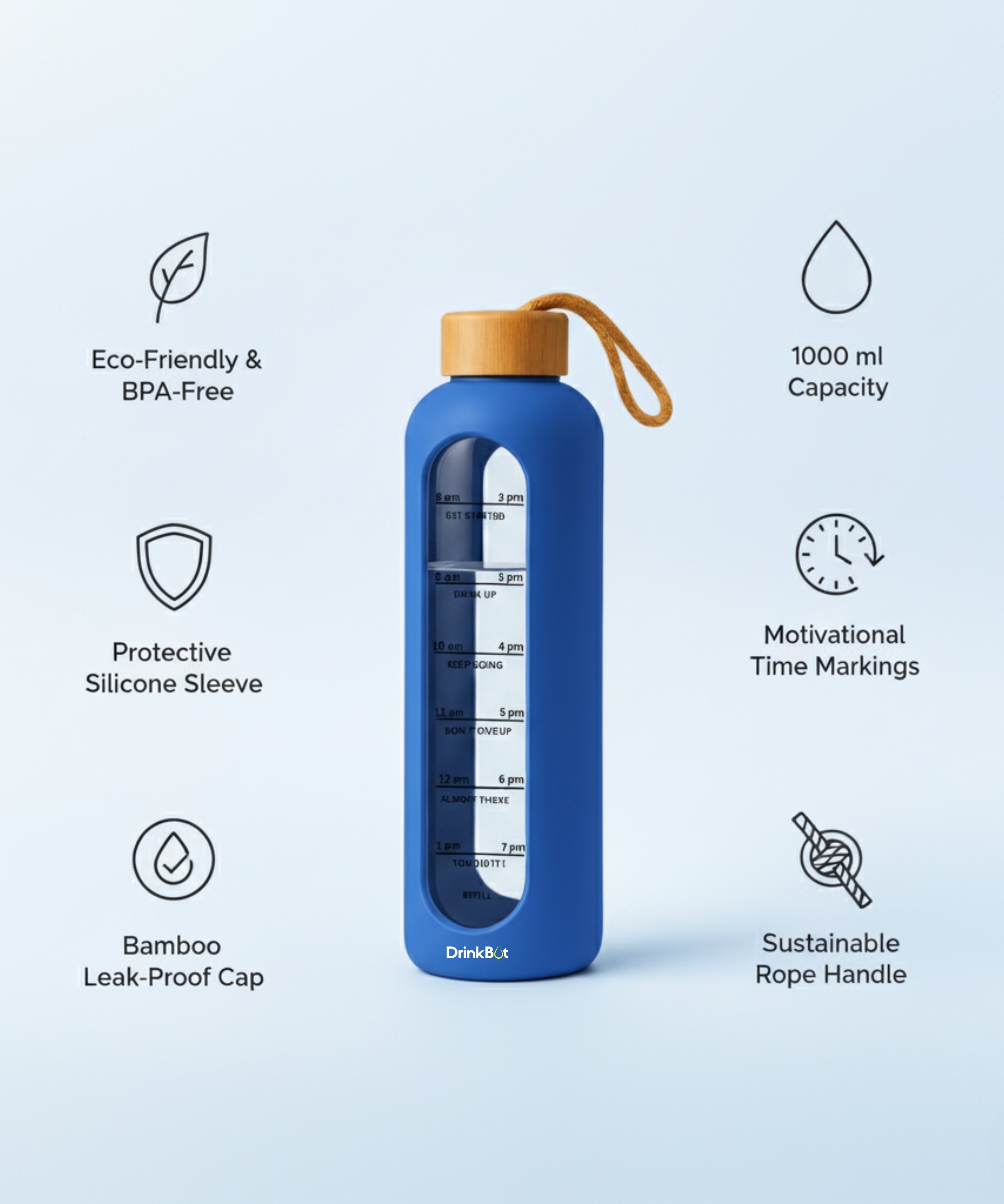Drinkbot Flare – Borosilicate Glass Water Bottle with Time Marker & Motivational Quotes | Leak-Proof, BPA-Free, Reusable Bottle with Non-Slip Silicone Sleeve & Bamboo Lid