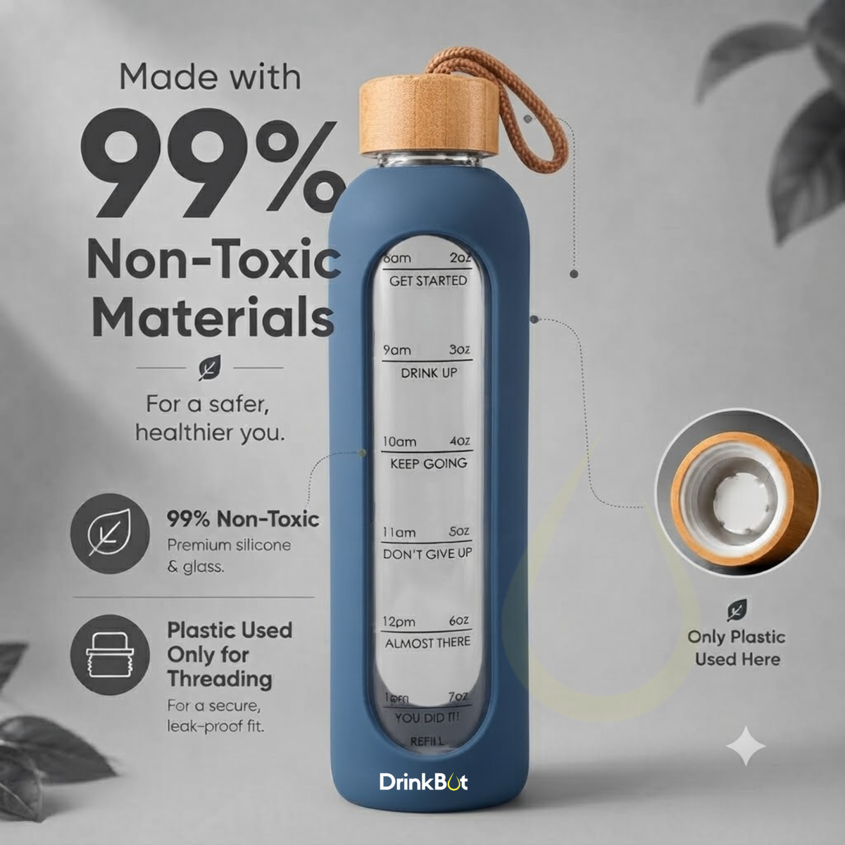 DrinkBot Flare Eco Glass Water Bottle — 1 Litre Borosilicate | Bamboo Lid & Jute Rope | Time Markers | Almost Zero Plastic