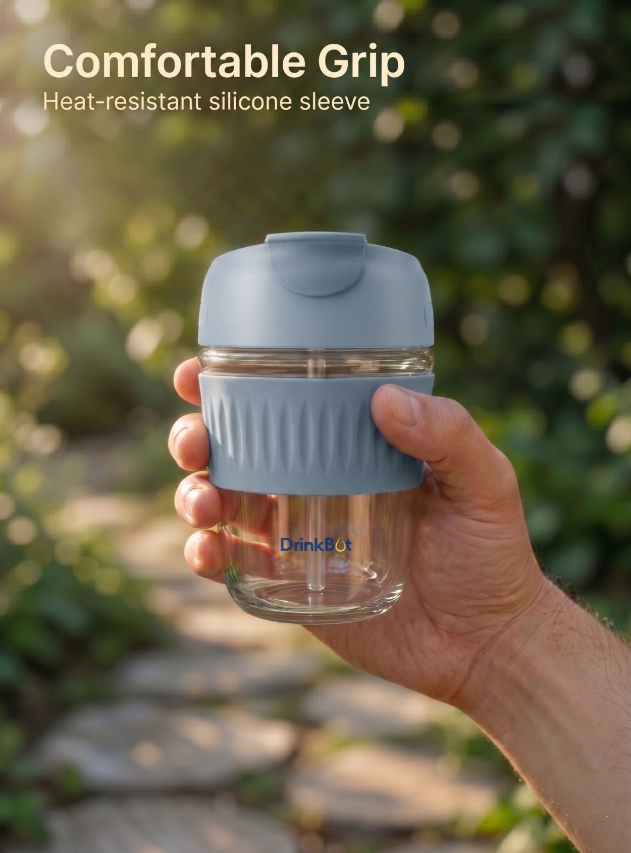 DrinkBot Ember – Glass Tumbler with Dual Sip & Straw Lid, Silicone Grip Sleeve (380 ml)