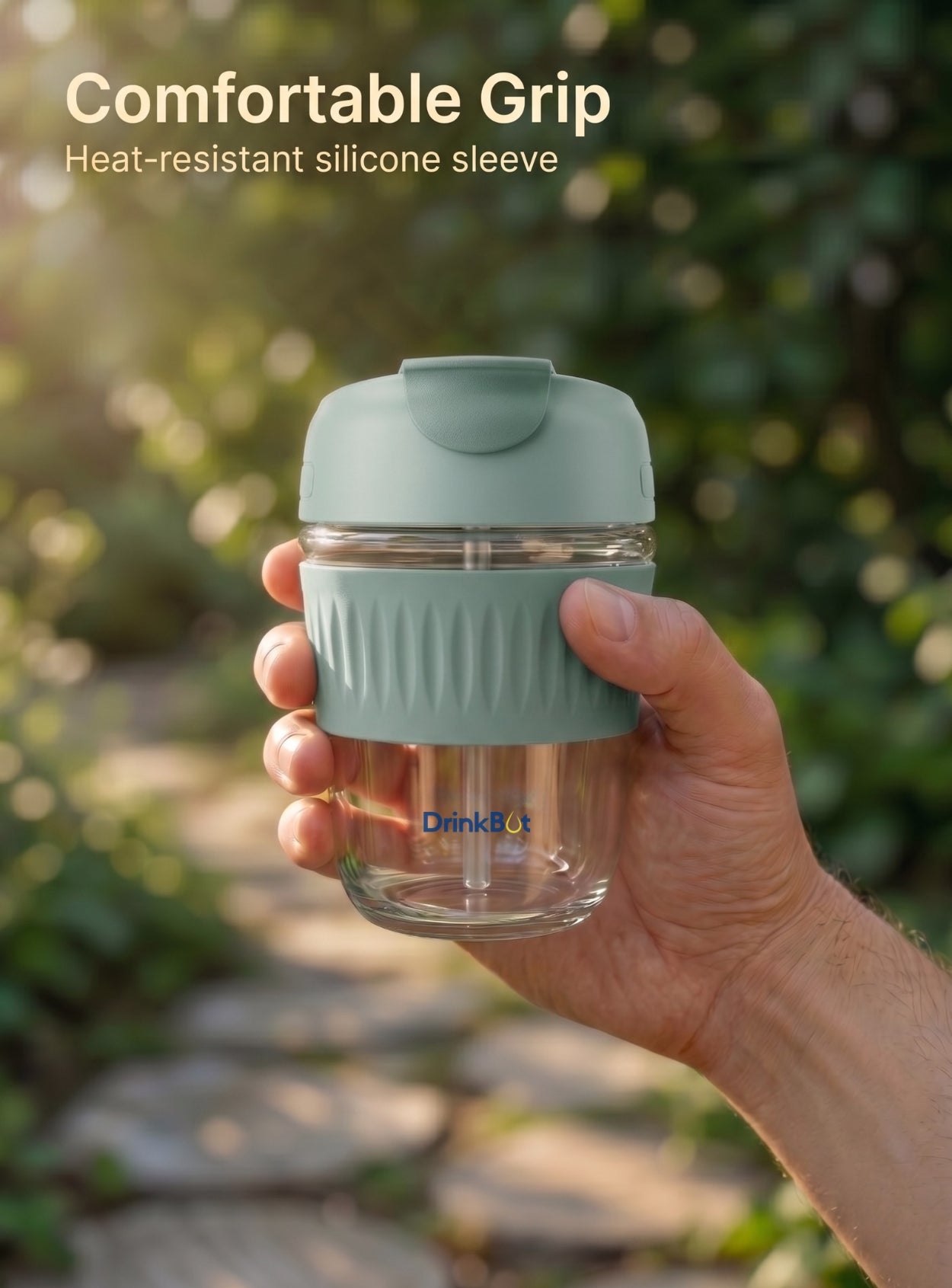 DrinkBot Ember – Glass Tumbler with Dual Sip & Straw Lid, Silicone Grip Sleeve (380 ml)